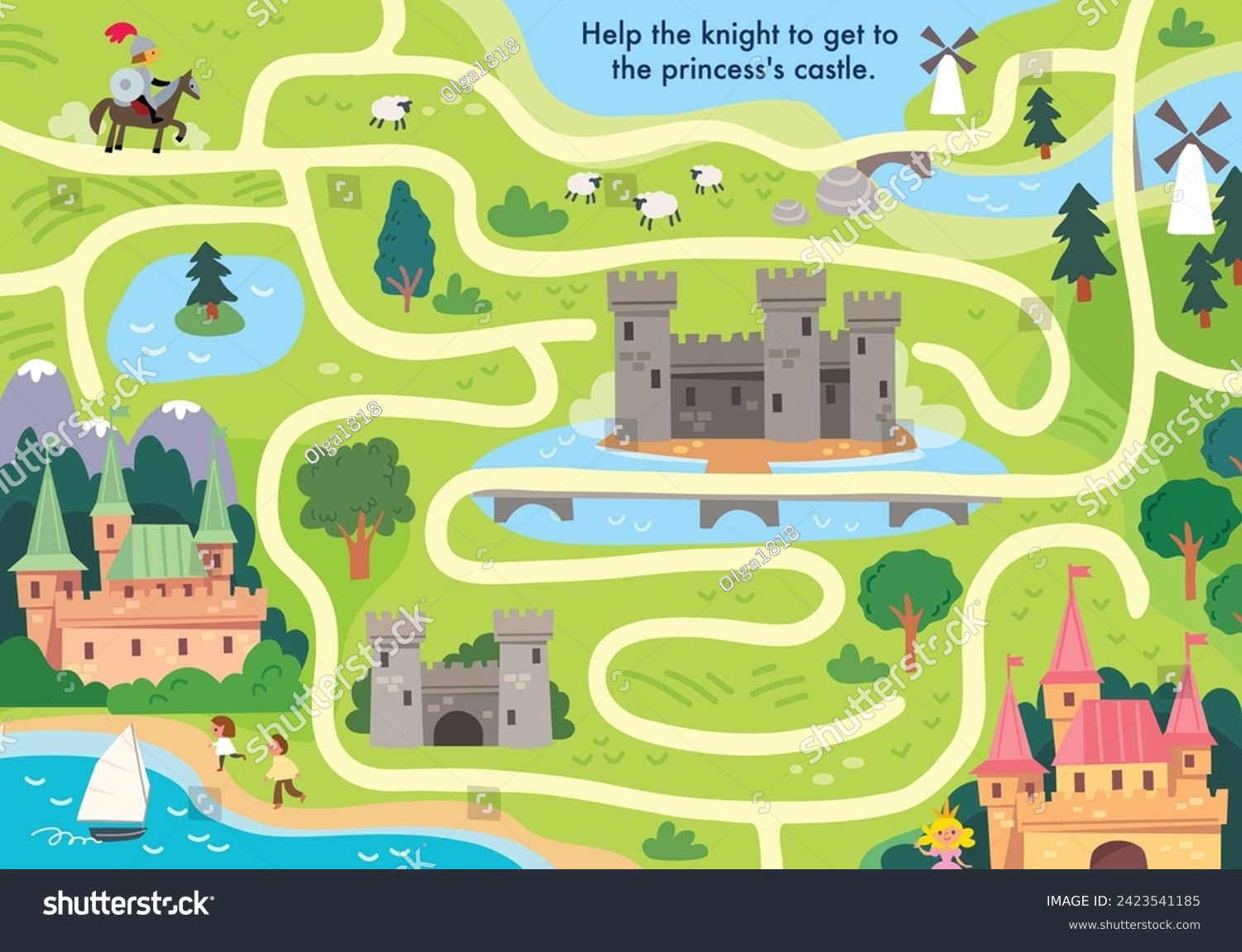 SVG of Vector labyrinth colorful maze for children, with fortress fort, medieval fairytale magical magic royal palace, fairy castle. Country side. svg