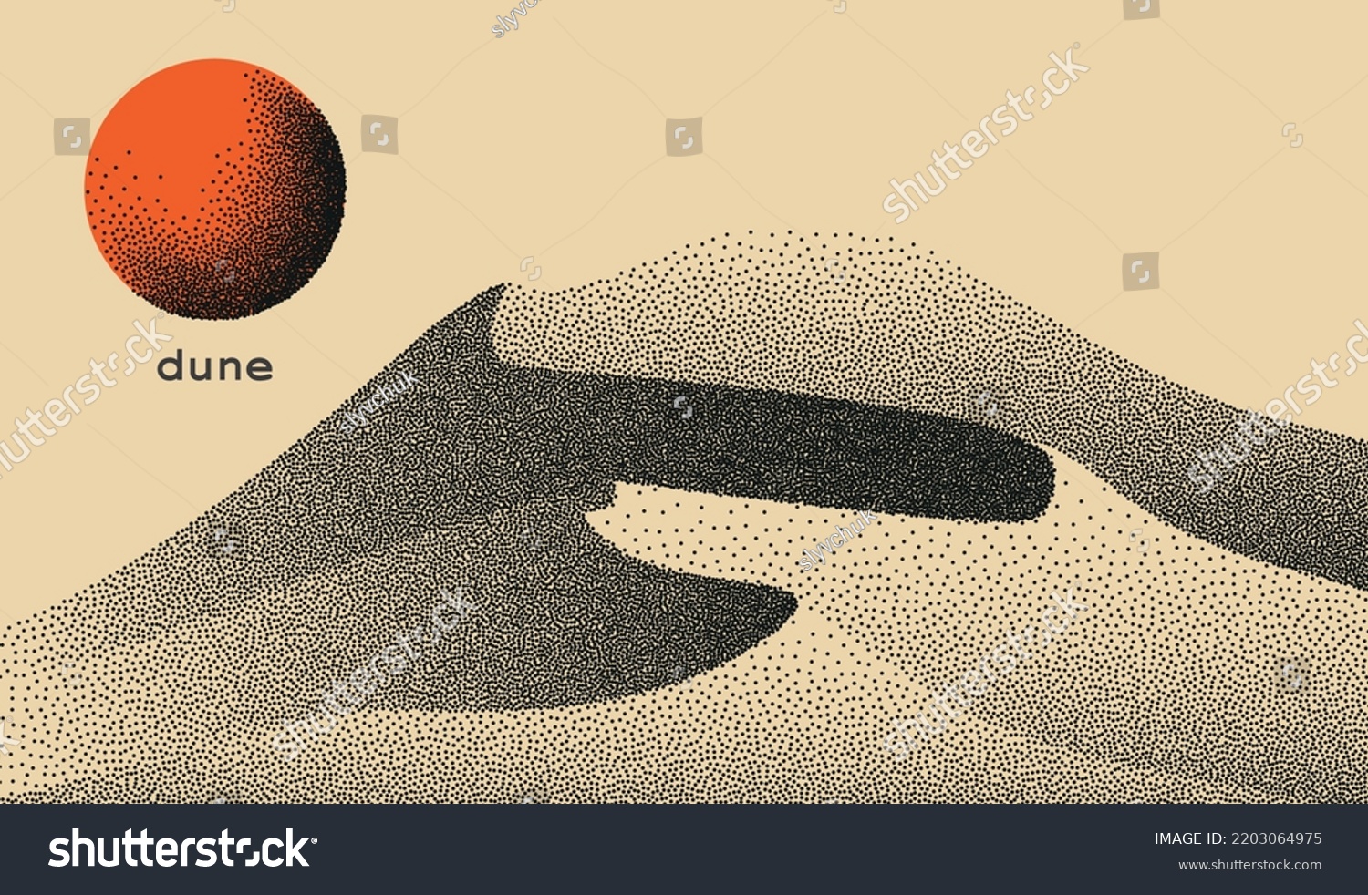 SVG of Vector landscape of dune in dotwork style. Stipple illustration design. Old retro dot texture vintage gradient. Pointillism graphic. Grain terrain wallpaper. svg
