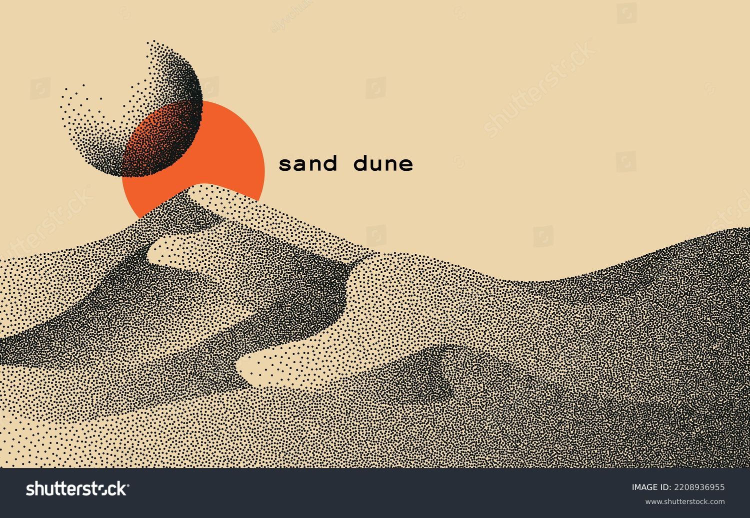 SVG of Vector landscape of sand dune in dotwork style. Stipple illustration design. Old retro dot texture vintage gradient. Pointillism graphic. Grain terrain wallpaper. svg