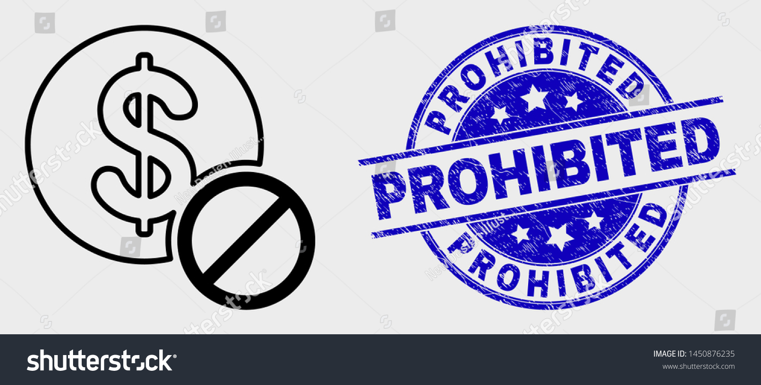 SVG of Vector line forbidden dollar icon and Prohibited seal stamp. Blue rounded grunge seal with Prohibited text. Black isolated forbidden dollar icon in line style. svg