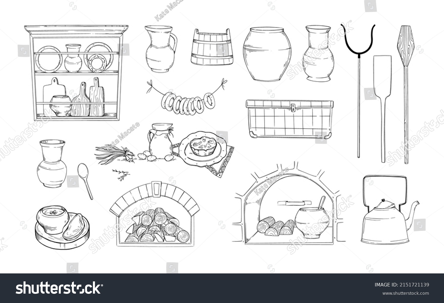 Vector Linear Illustrations Old Style Kitchen Stock Vector (Royalty ...