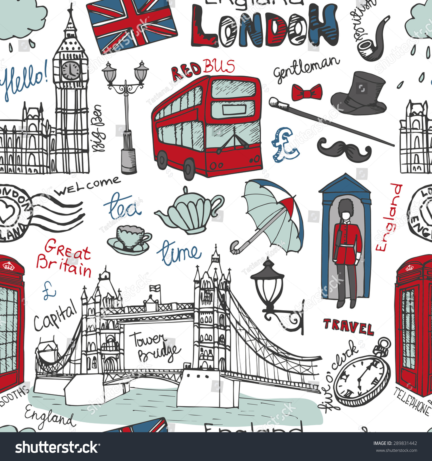 Vector London Landmark, Lettering And Symbols In Seamless Pattern. Hand ...