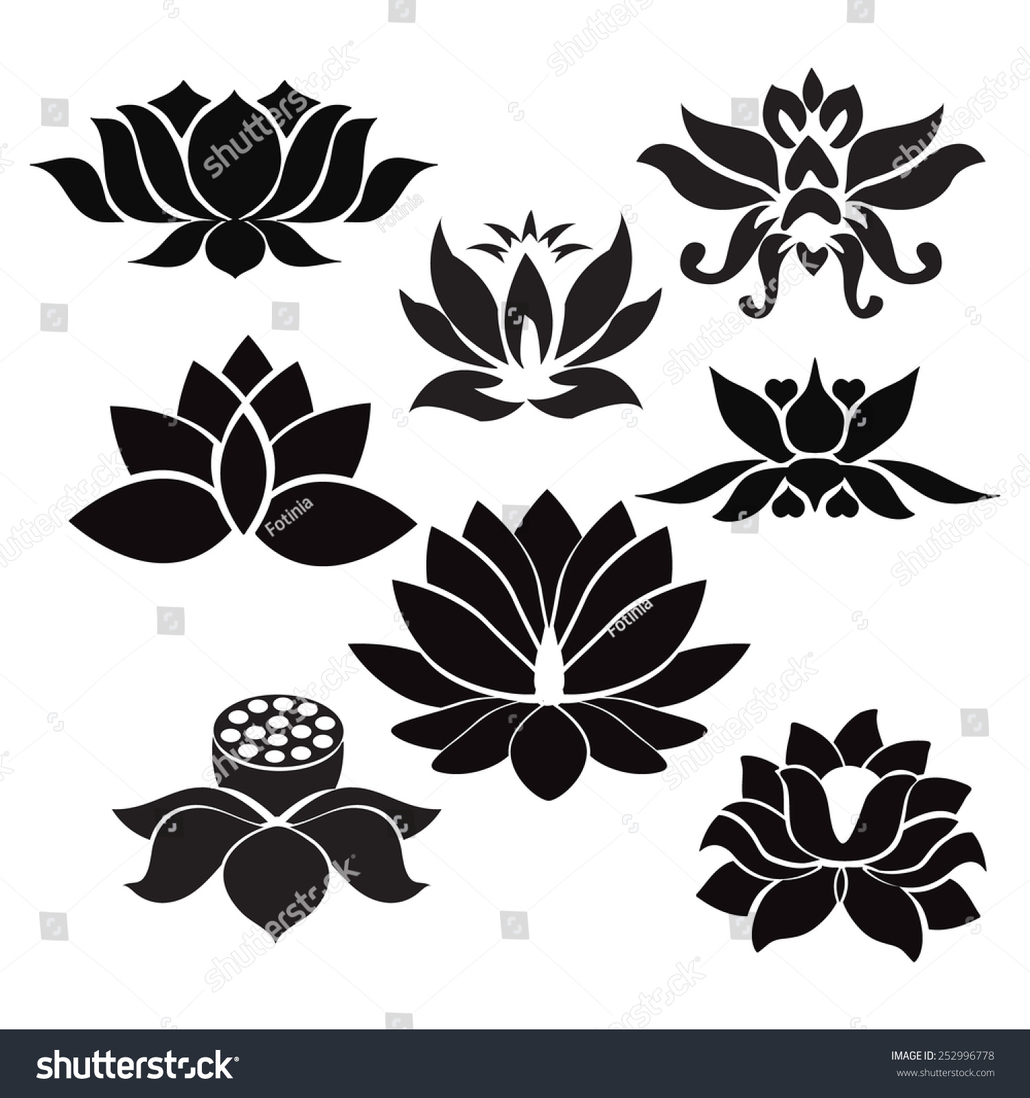 Vector Lotus Flowers Silhouettes Set Eight Stock Vector 252996778 Shutterstock 2569