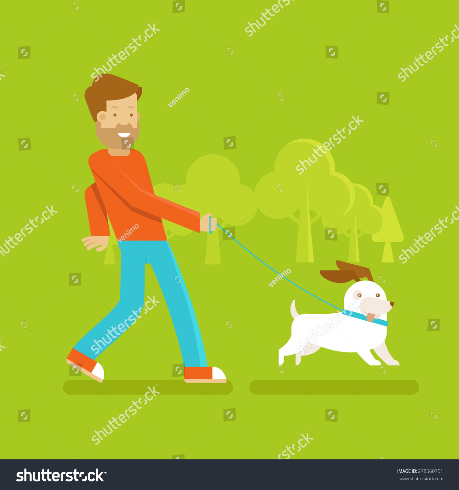 Vector Male Character In Flat Style - Man Walking His Funny Dog ...