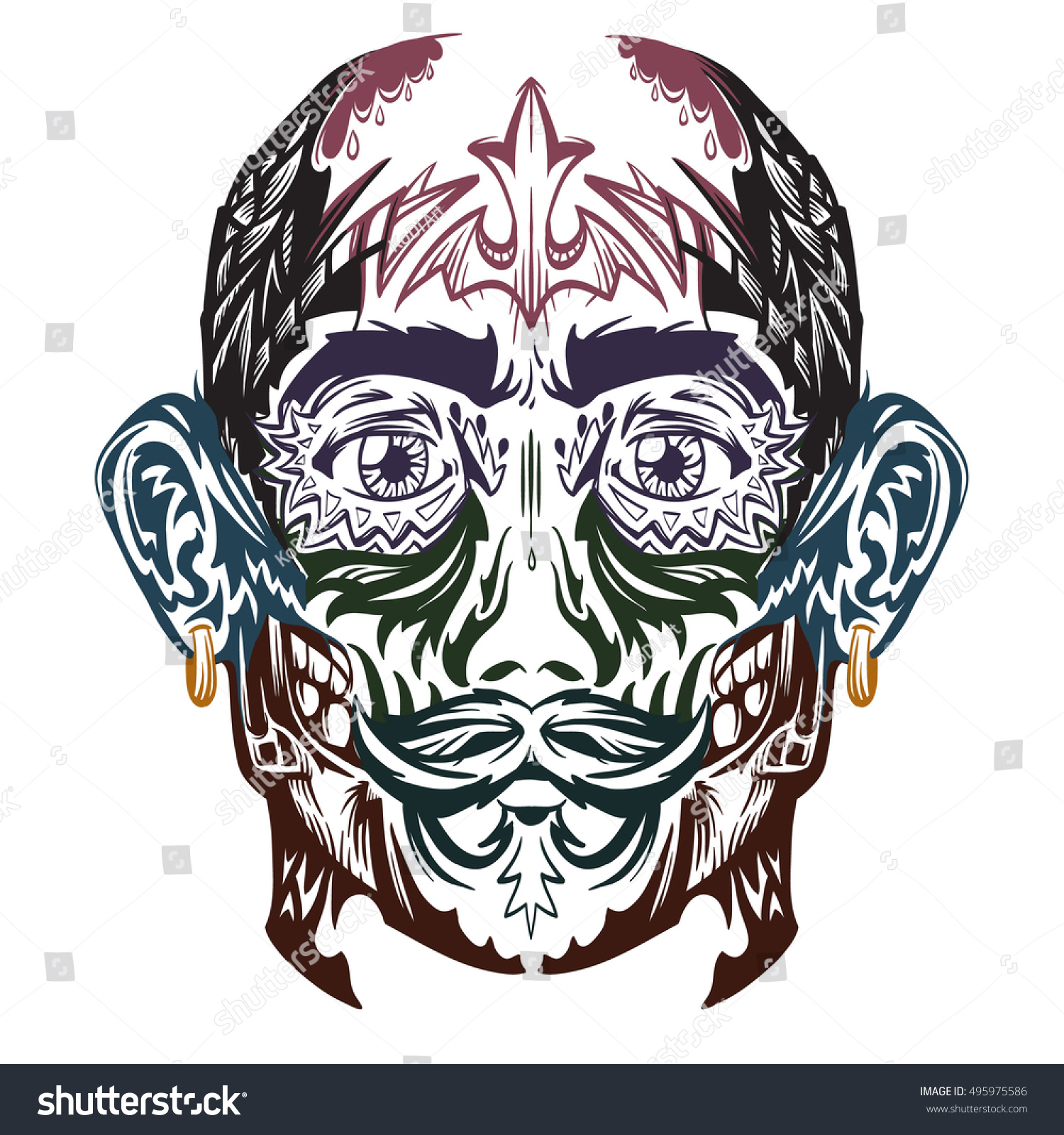 Vector Man Face Tattoo Lines Colored Stock Vector (Royalty Free) 495975586