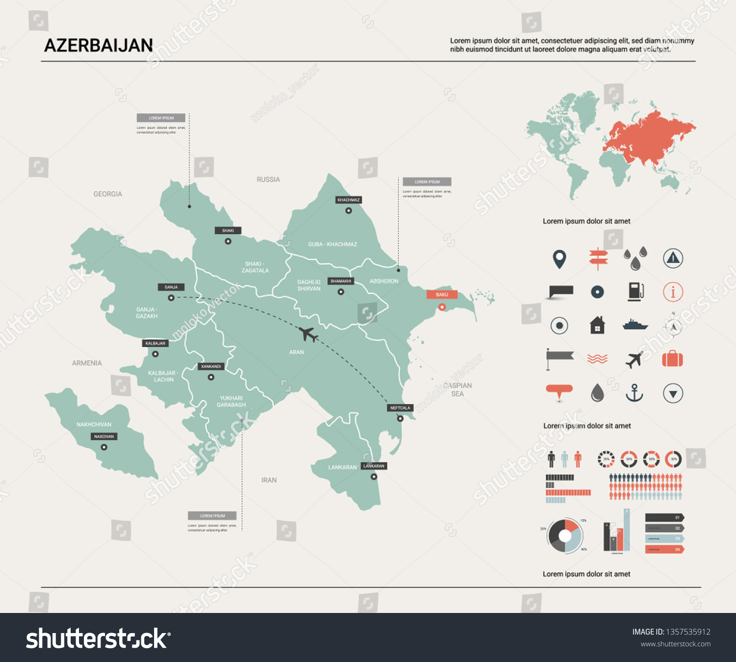 SVG of Vector map of Azerbaijan .  High detailed country map with division, cities and capital Baku. Political map,  world map, infographic elements.   svg
