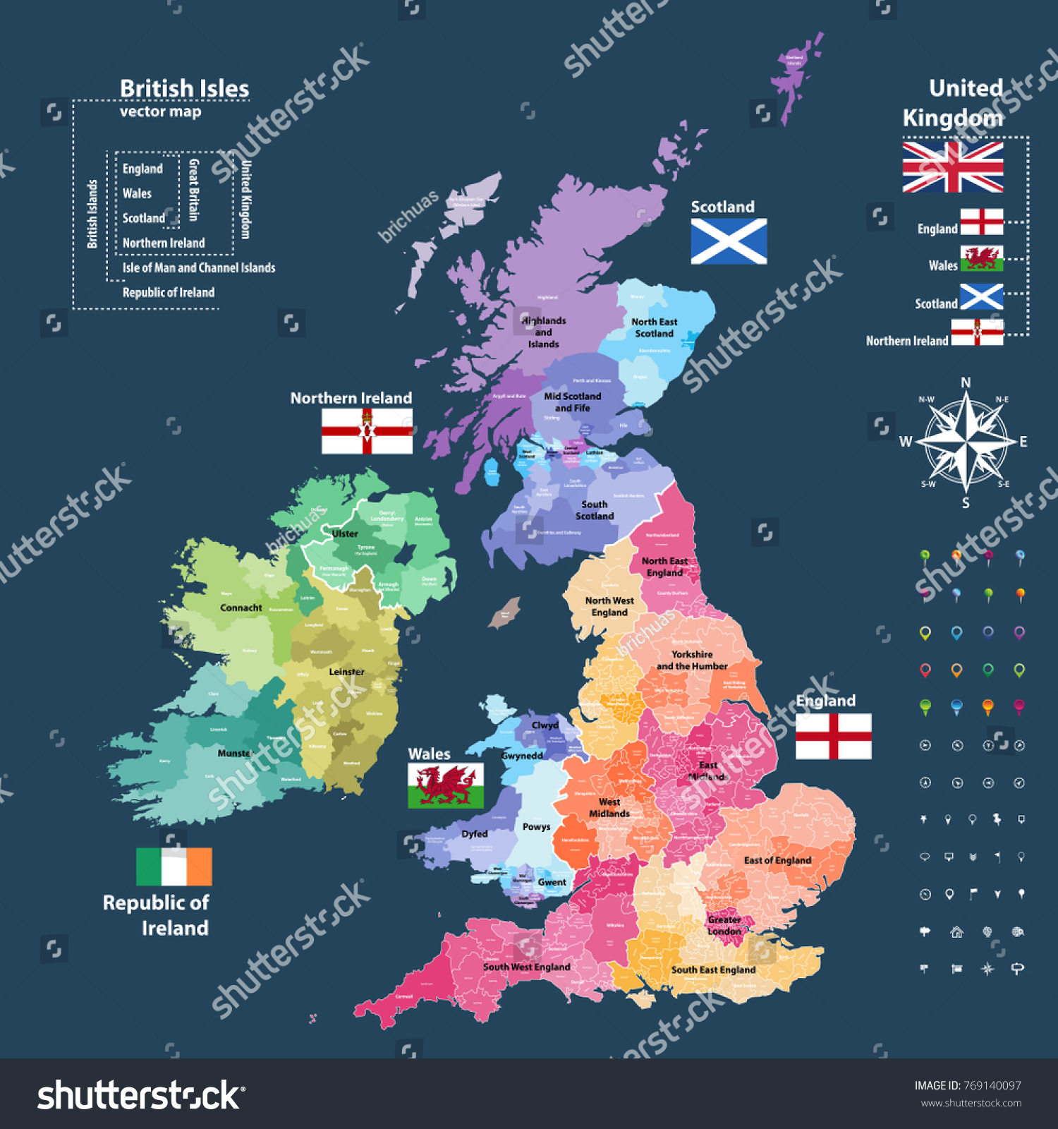 SVG of vector map of British Isles administrative divisions colored by countries and regions. Districts and counties maps and flags of United Kingdom,Northern Ireland, Wales, Scotland and Republic of Ireland svg