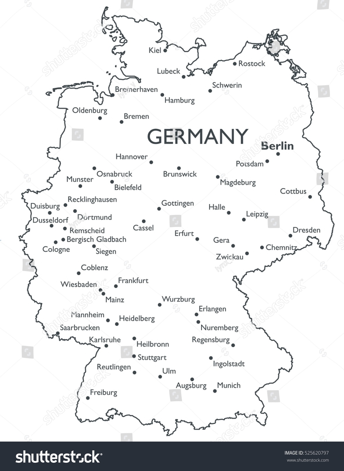 SVG of Vector map of Germany | Monochrome contour map with city names svg