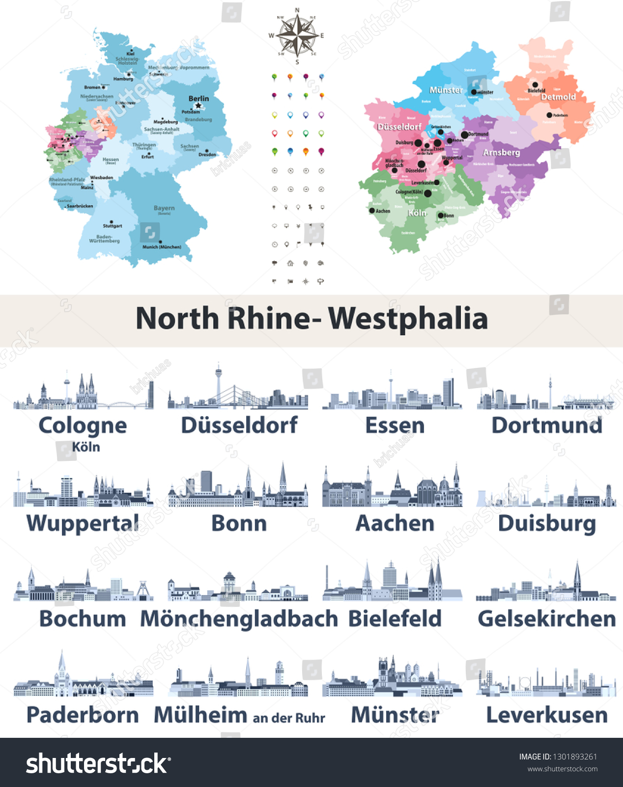 SVG of vector map of Germany with state Norrth Rhine-Westphalia map separately with largest cities skylines icons in tints of blue color palette svg
