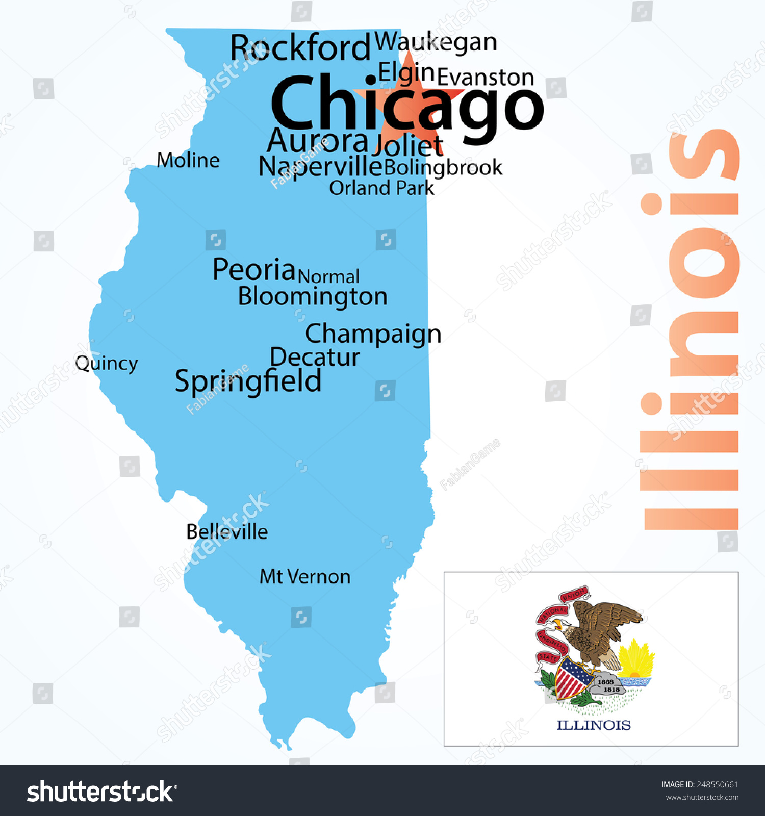 Vector Map Illinois Largest Cities Carefully Stock Vector Royalty Free 248550661