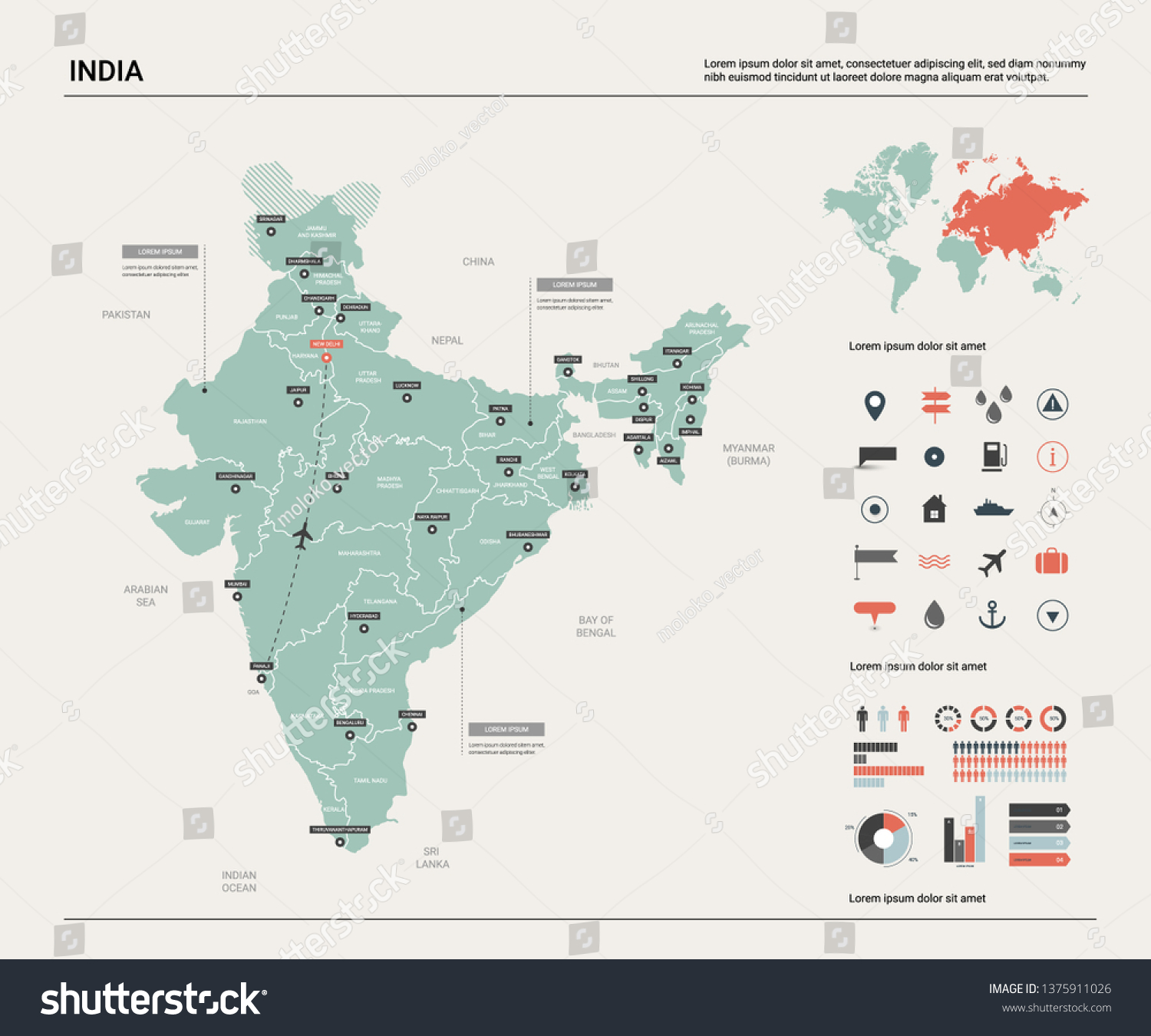 インドのベクター画像地図 地区 都市 首都ニューデリーを含む高い詳細な国の地図 政治地図 世界地図 インフォグラフィックエレメント のベクター画像素材 ロイヤリティフリー