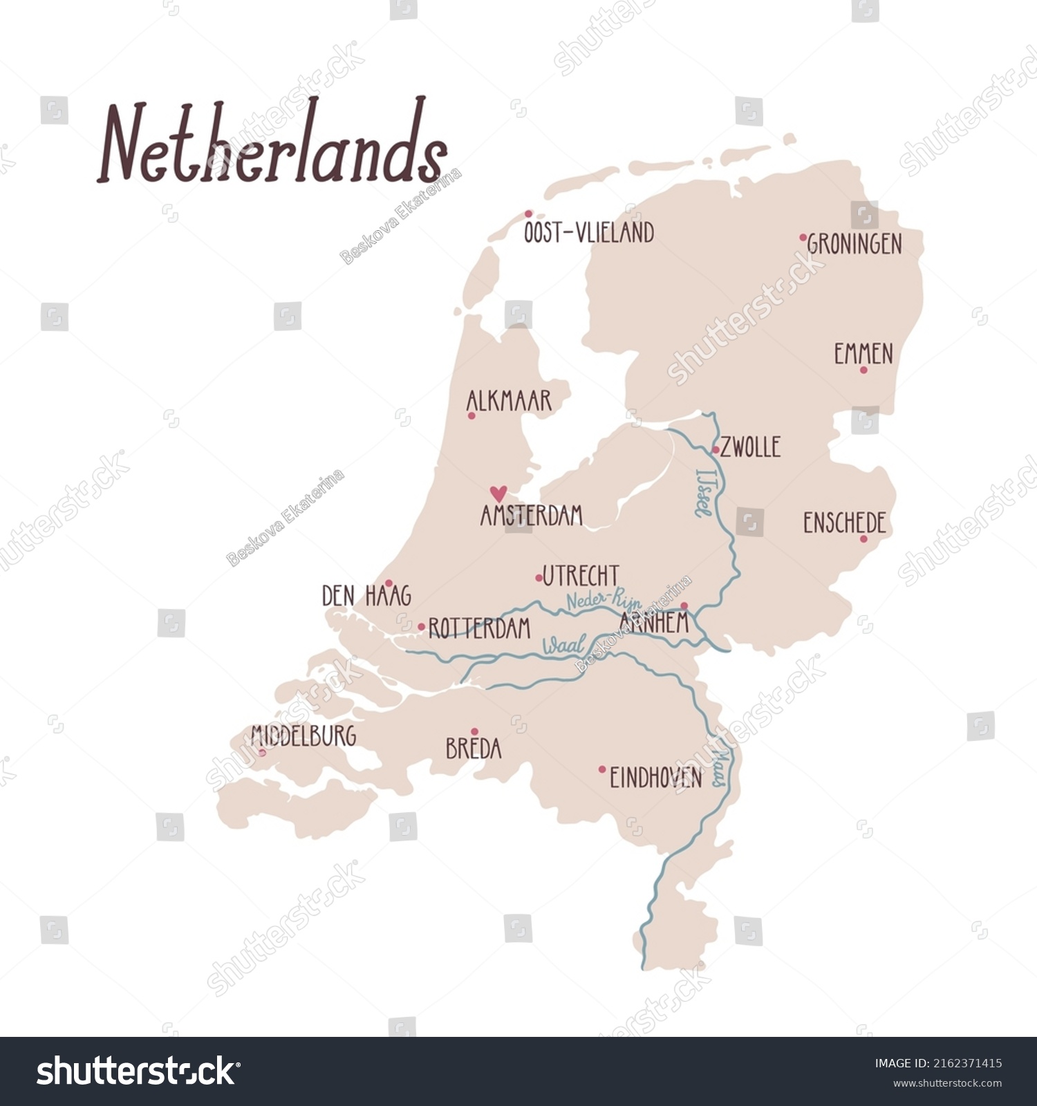 Vector Map Netherlands Main Cities Rivers Stock Vector Royalty Free   Stock Vector Vector Map Of Netherlands With The Main Cities Rivers And Capital Touristic Illustration With Map 2162371415 