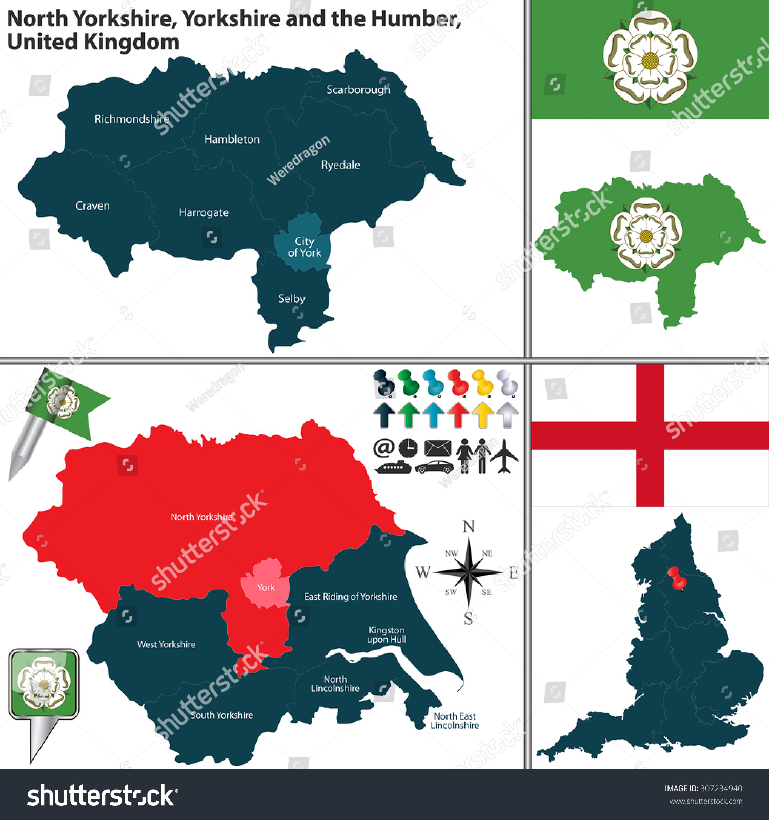 SVG of Vector map of North Yorkshire in Yorkshire and the Humber, United Kingdom with regions and flags svg