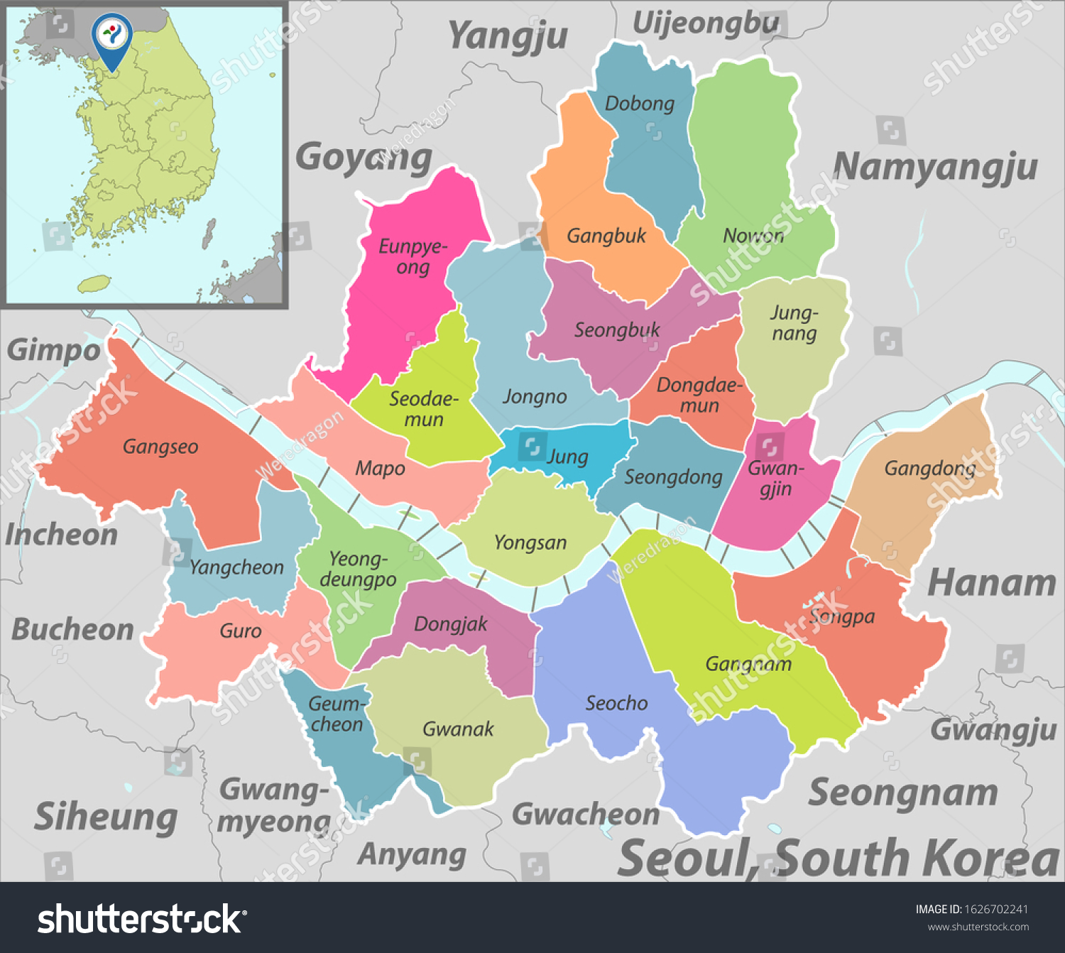 South Korea District Map Vector Map Seoul South Korea Neighbouring Stock Vector (Royalty Free)  1626702241 | Shutterstock