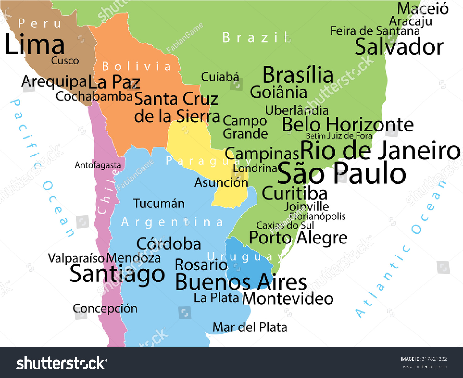 Vector Map South America Largest Cities Stock Vector Royalty Free