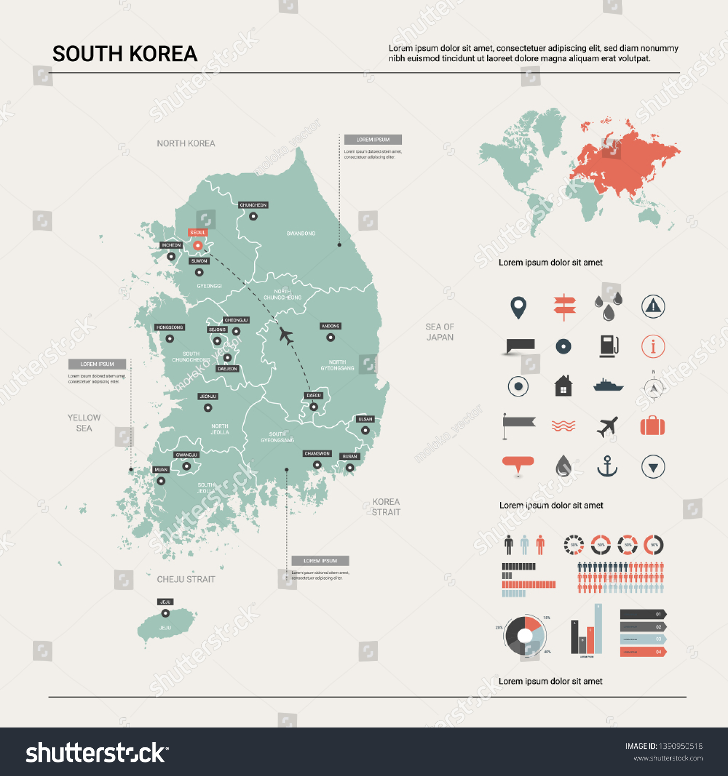 韓国のベクター画像地図 県 市 首都ソウルを含む詳細な国の地図 政治地図 世界地図 インフォグラフィックエレメント のベクター画像素材 ロイヤリティ フリー