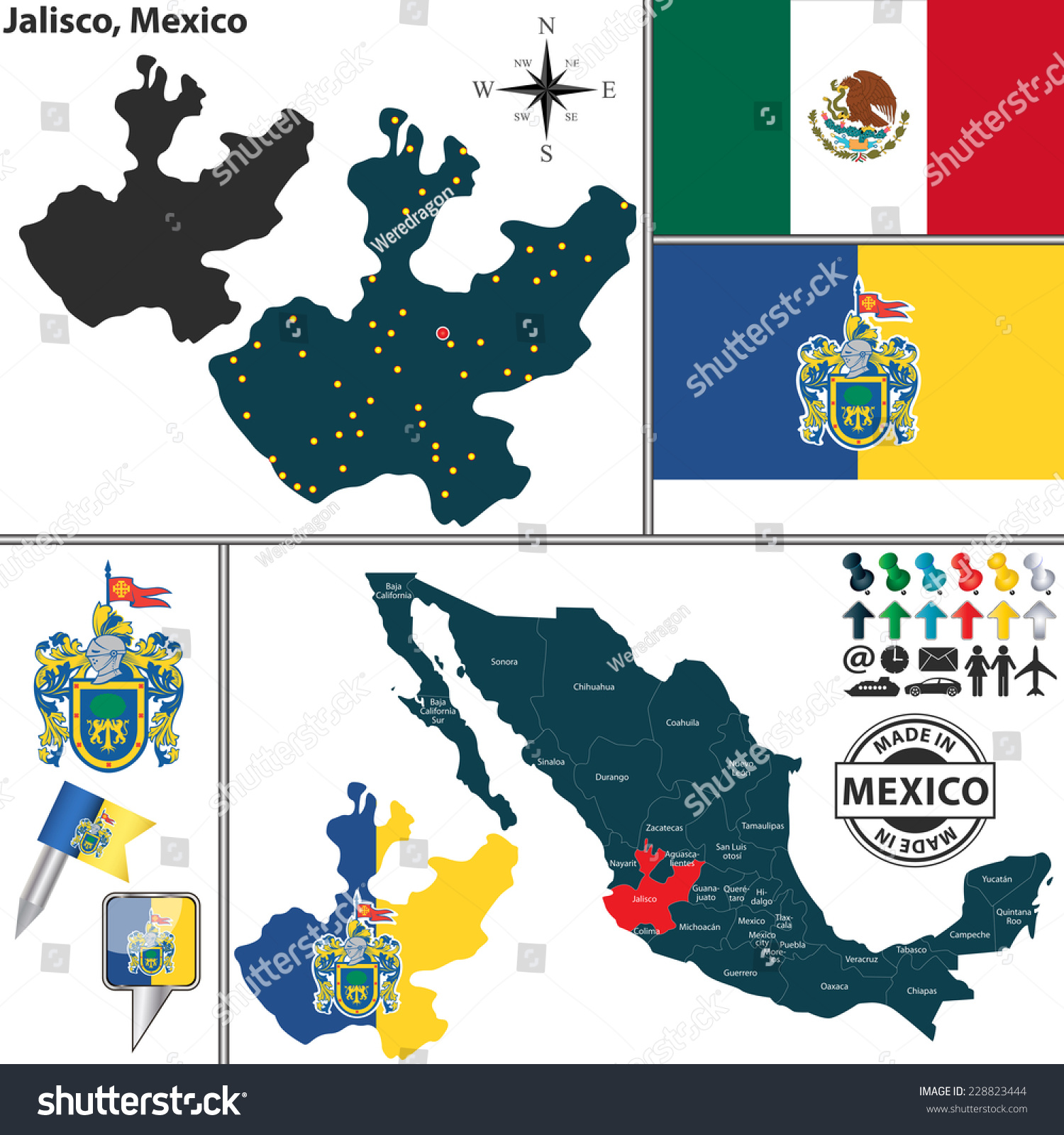 Vector Map Of State Jalisco With Coat Of Arms And Location On Mexico ...