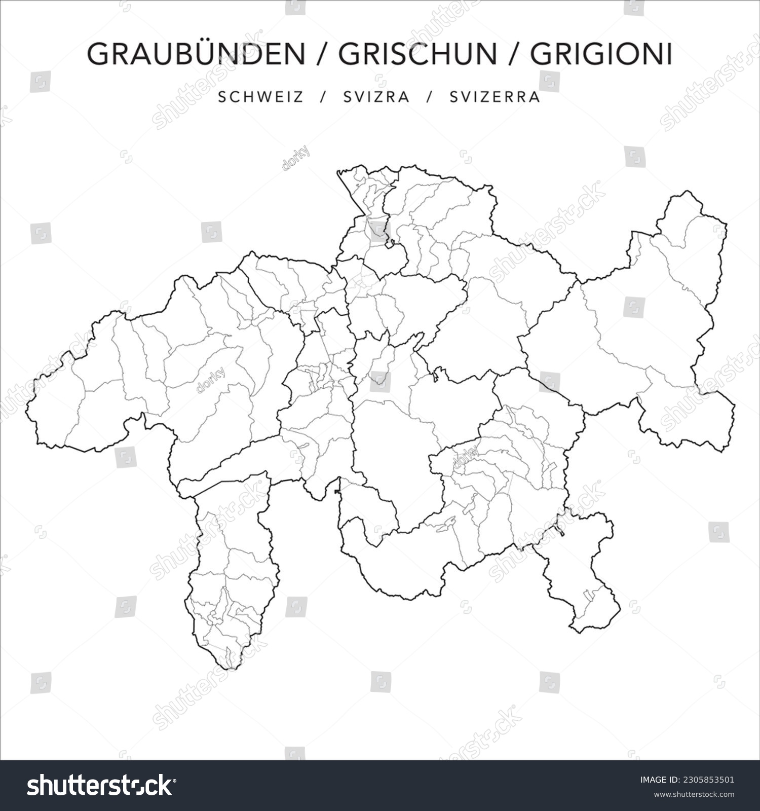 SVG of Vector Map of the Canton of the Grisons (Graubünden - Grischun - Grigioni) with the Administrative Borders of Regions, Municipalities and the Quarters of the City of Chur as of 2023 svg