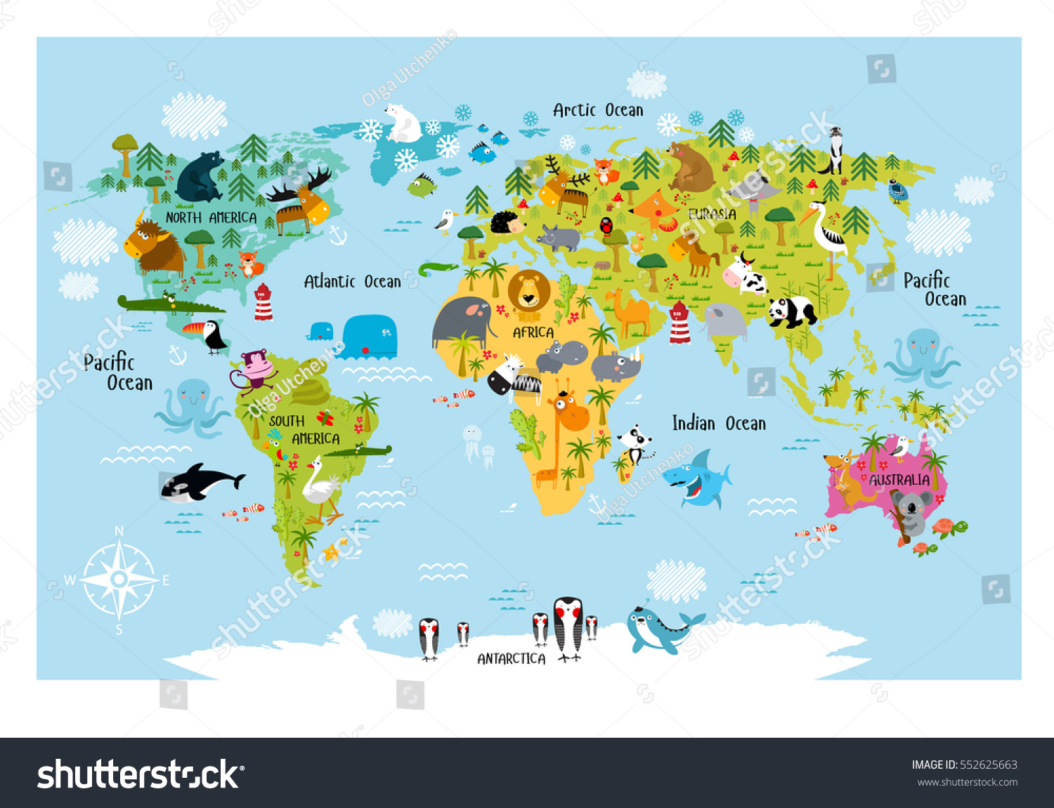 Vector Map World Cartoon Animals Kids Stock Vector Royalty Free