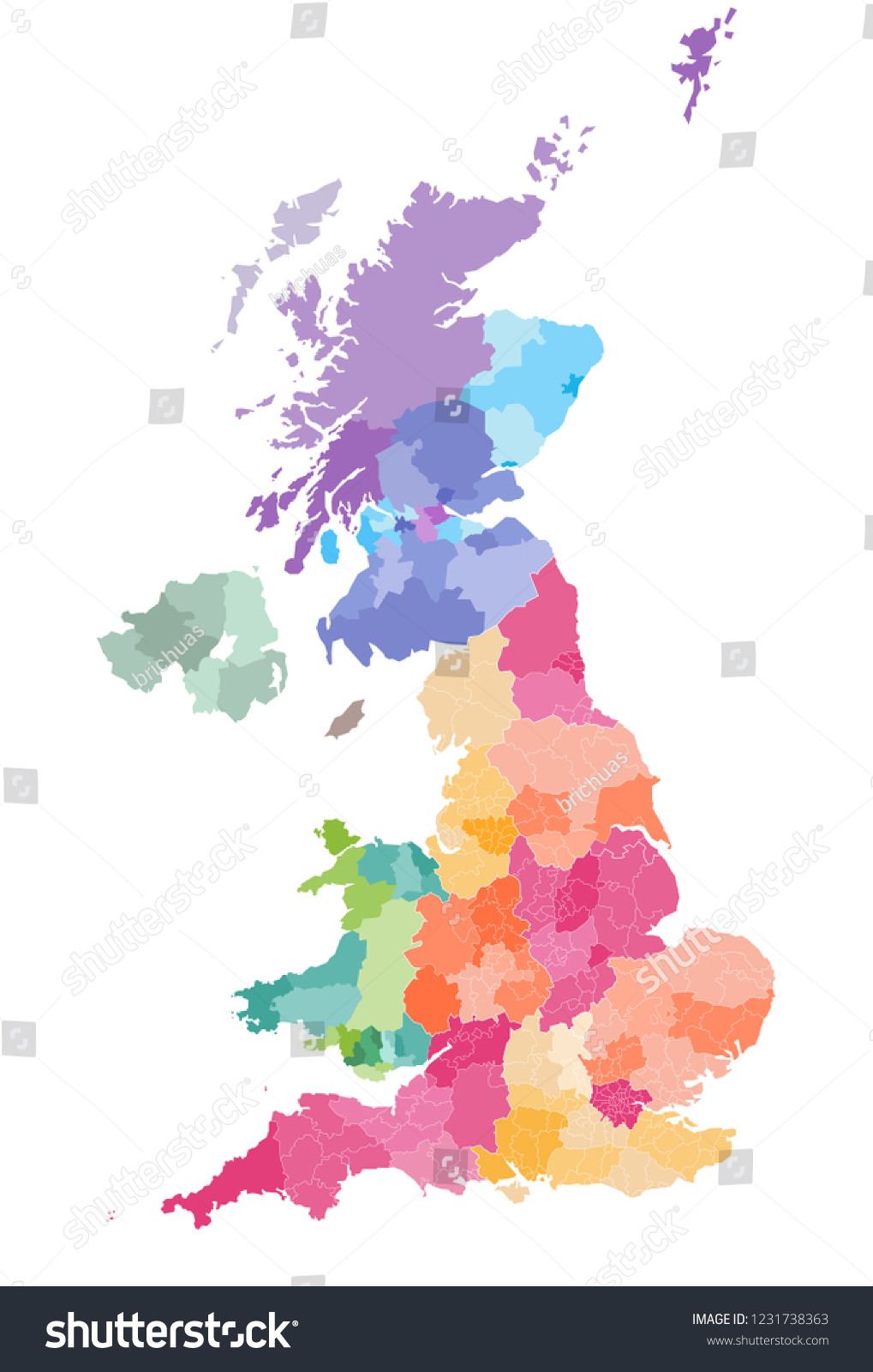 SVG of vector map of United Kingdom administrative divisions colored by countries and regions. Districts and counties map of England, Wales, Scotland and Northern Ireland svg