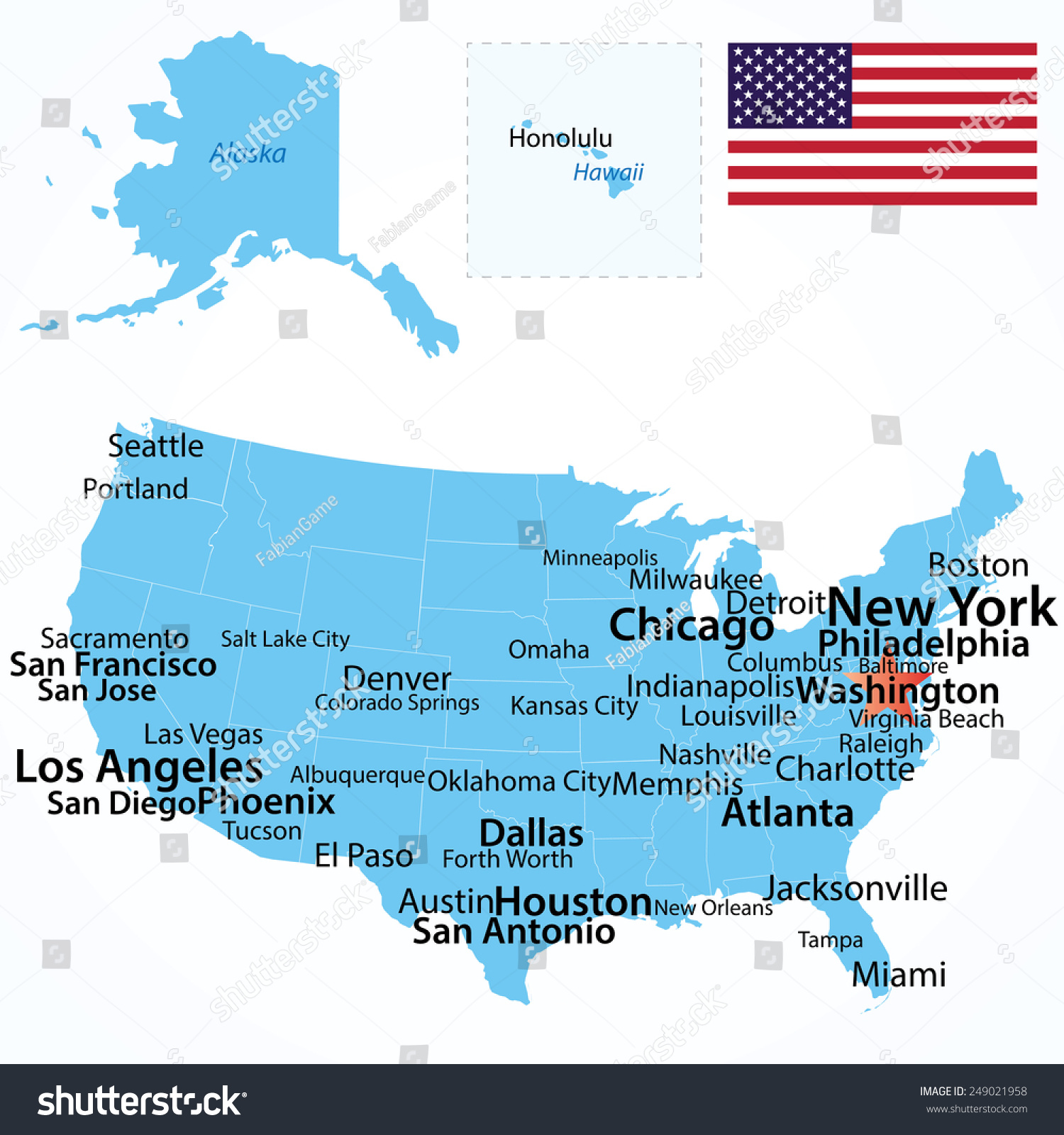 Vector Map Usa Largest Cities Carefully Image Vectorielle De Stock Stock Vector Vector Map Of Usa With Largest Cities Carefully Scaled Text By City Population 249021958