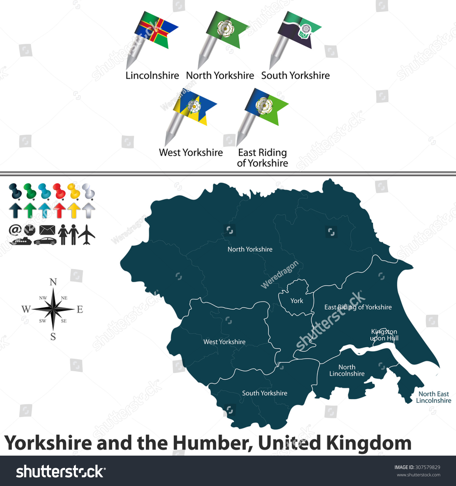 SVG of Vector map of Yorkshire and the Humber, United Kingdom with regions and flags svg