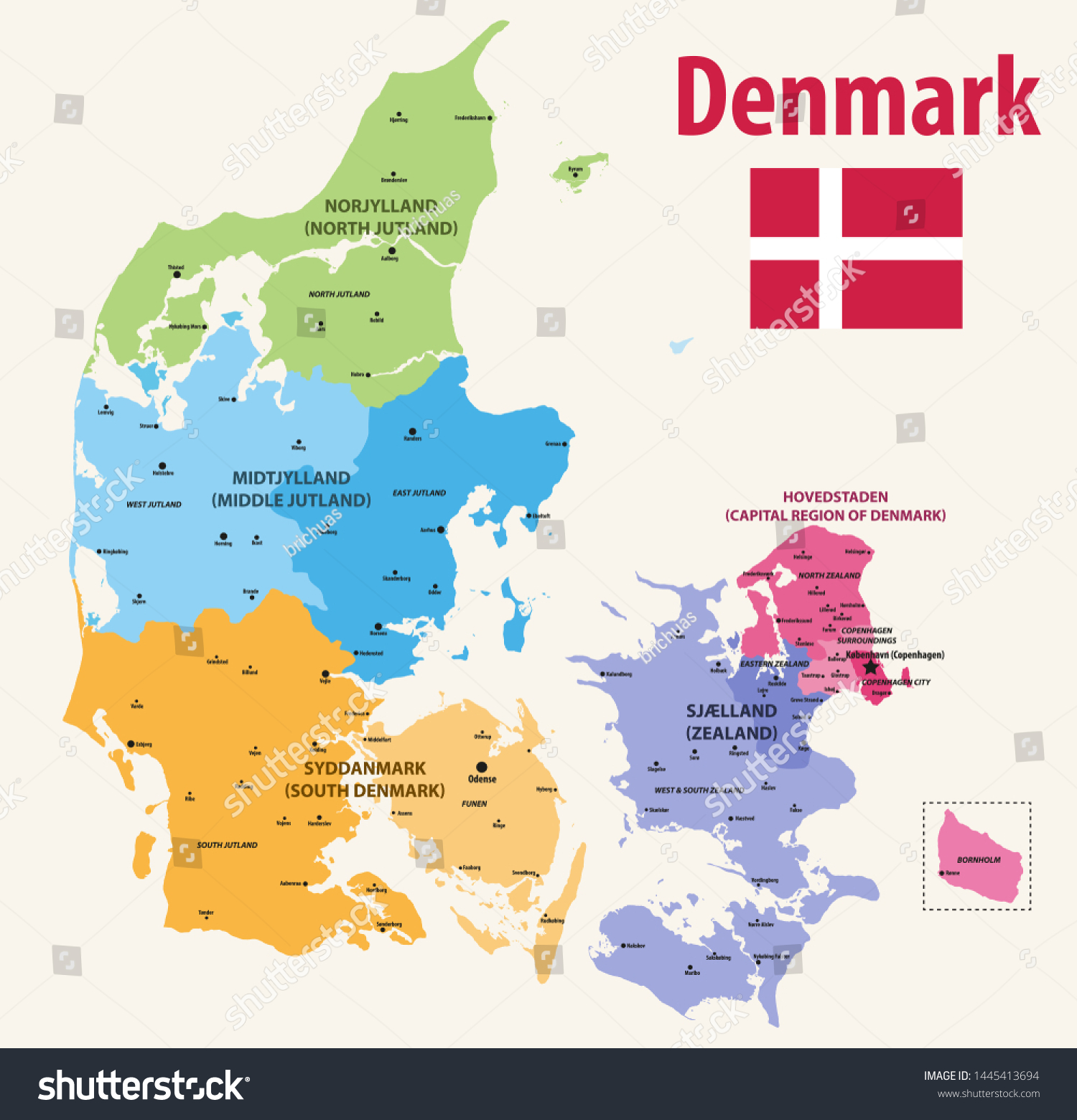 Regions Of Denmark Map Vector Map Pf Denmark Provinces Colored Stock Vector (Royalty Free)  1445413694 | Shutterstock