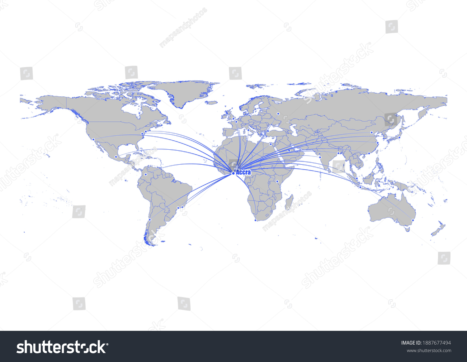 Vector Map Showing Accra Ghanas Position 1887677494   Stock Vector Vector Map Showing Accra Ghana S Position In The World And Its Connections With Other Major 1887677494 