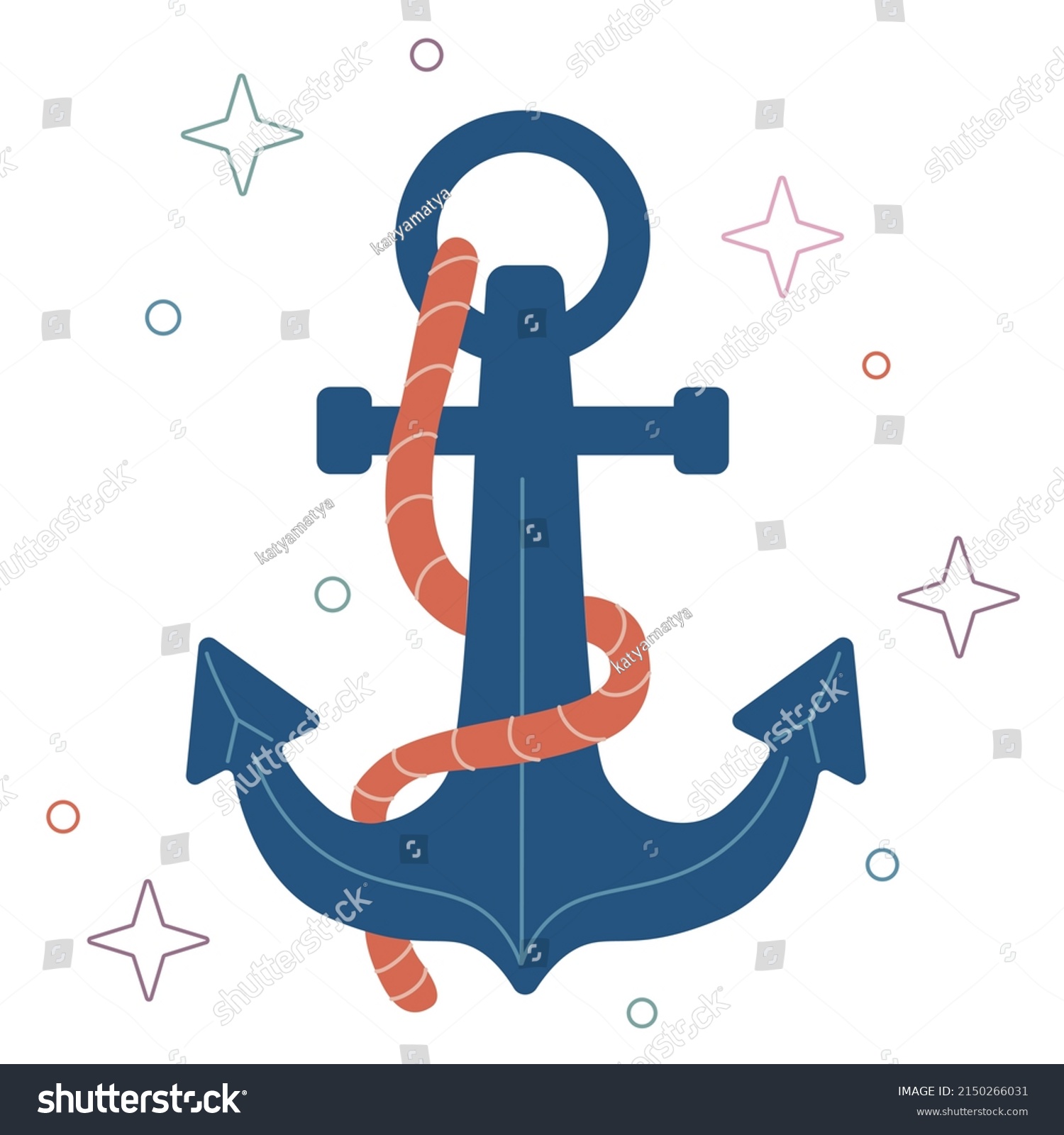SVG of Vector marine flat colorful illustration isolated on white. Cute cartoon anchor with red rope. svg