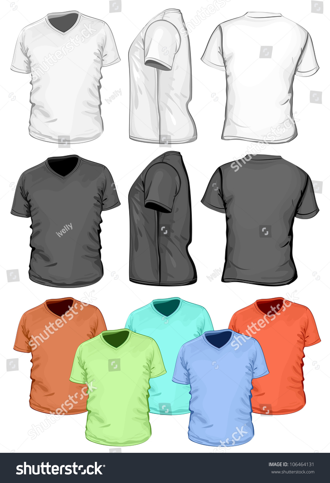 Vector. Men'S V-Neck T-Shirt Design Template (Front, Back And Side View ...