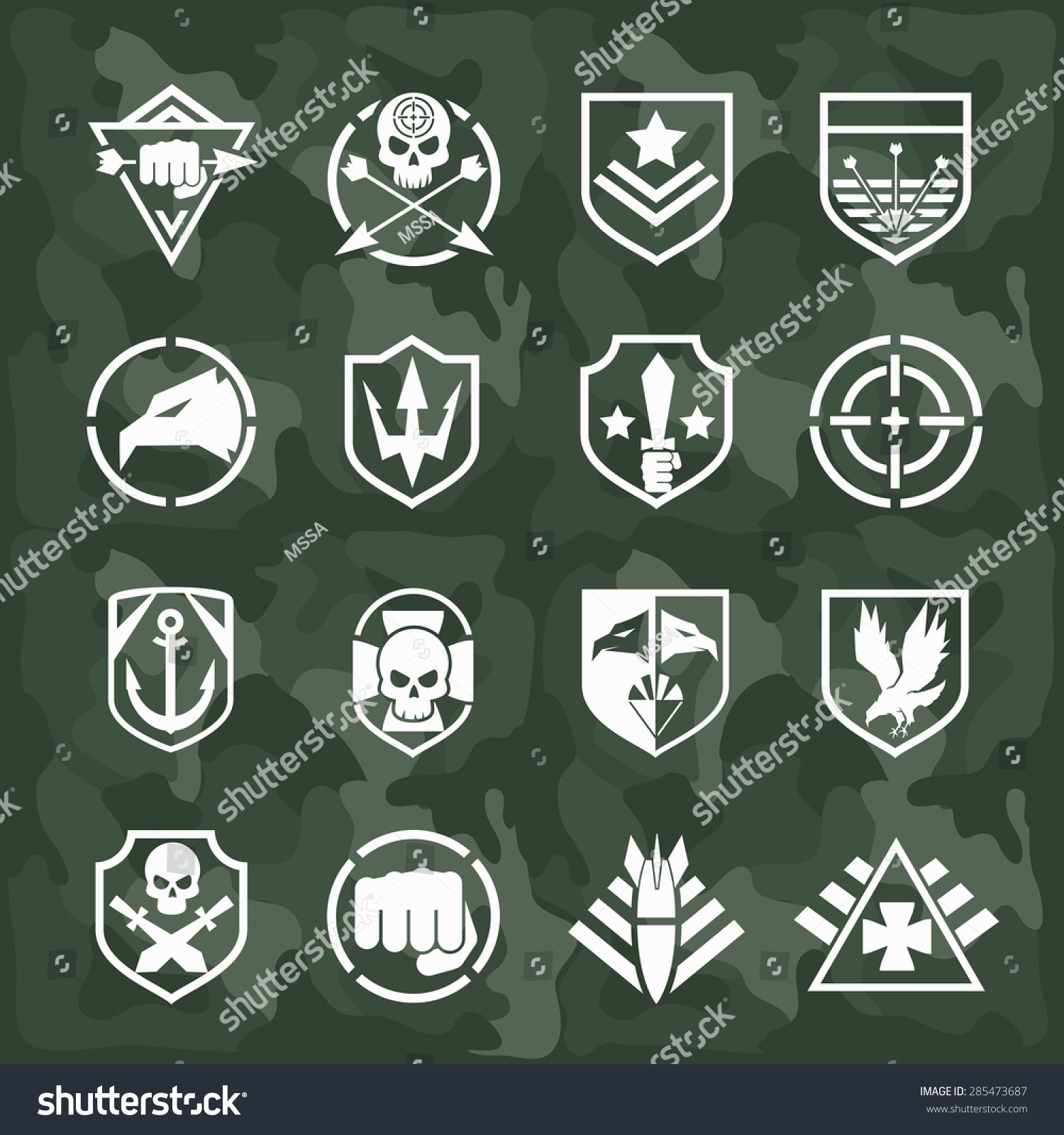 Vector Military Symbol Icons Set. Fist And Sword, Eagle And Skull ...