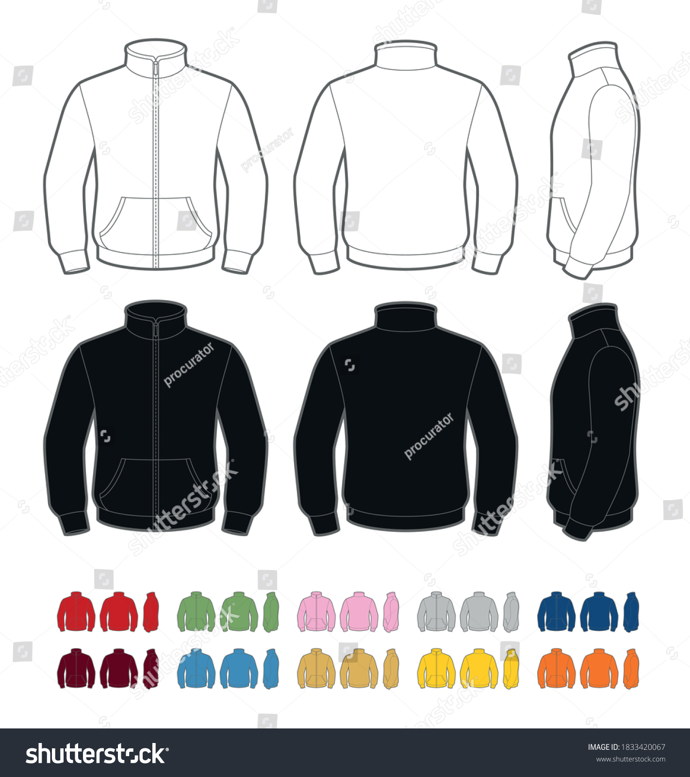 SVG of Vector mockup of zip-up fleece jacket. Front, rear and side views. Easy color change. svg
