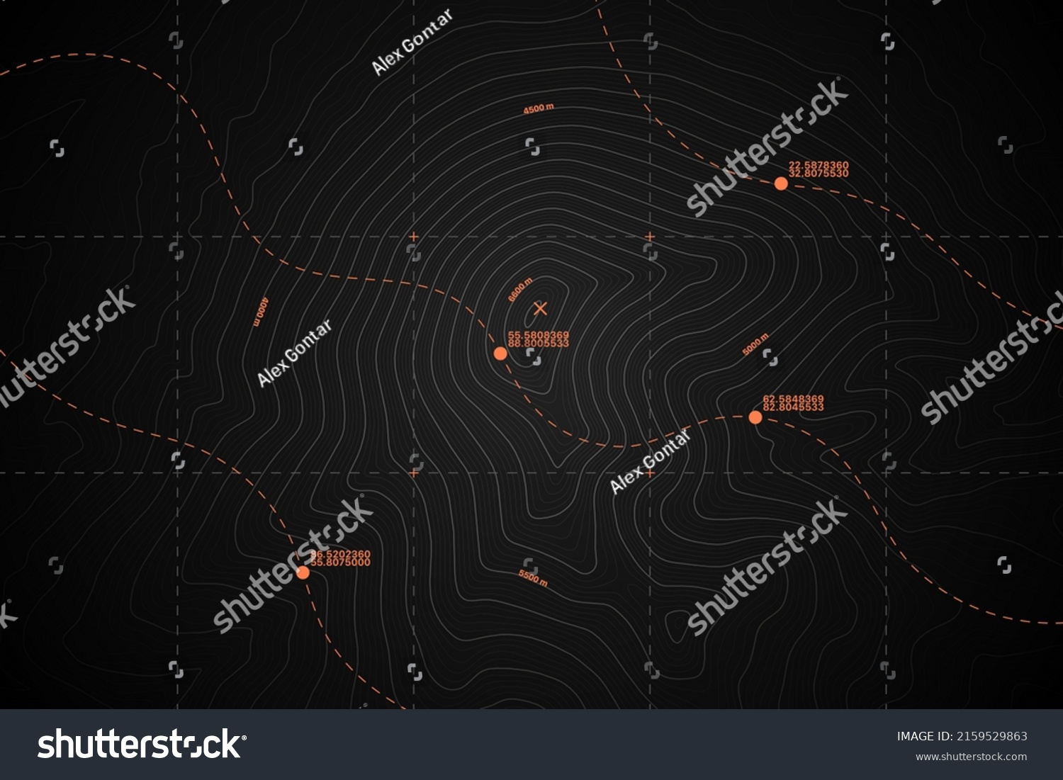 SVG of Vector Modern Dark Grey Topography Contour Map With Relief Elevation. Geographic Terrain Area Satellite View Digital Cartographic UI. Mountains Hiking Route Coordinates Abstract Illustration svg