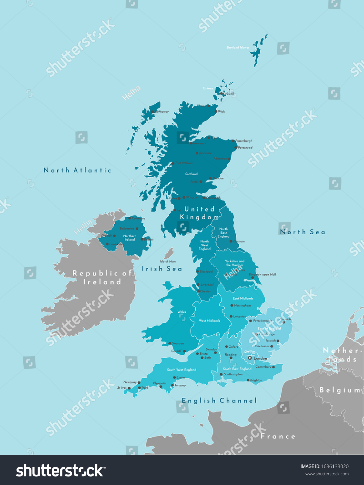 SVG of Vector modern illustration. Simplified geographical  map of United Kingdom of Great Britain and Northern Ireland (UK). Blue background of Irish sea, North Sea, North Atlantic. Names of cities, regions svg