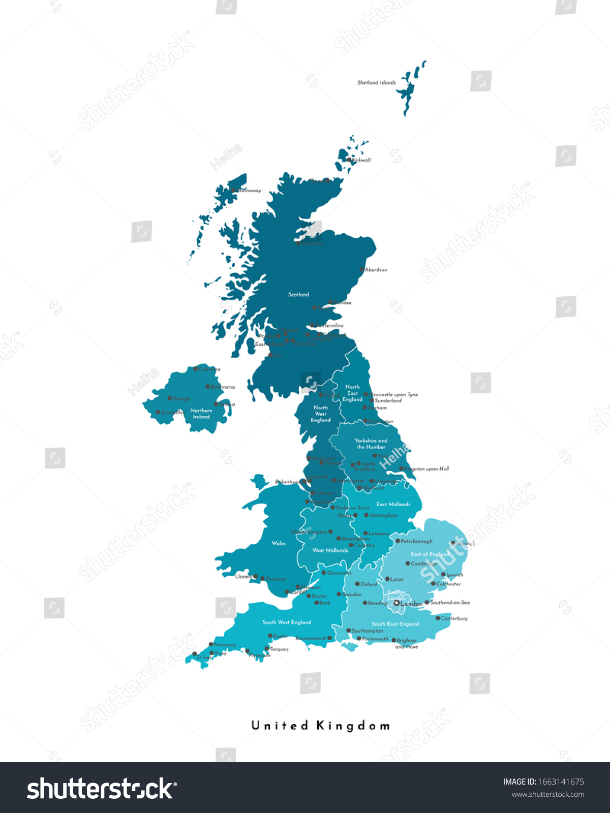 SVG of Vector modern isolated illustration. Simplified administrative map of United Kingdom of Great Britain and Northern Ireland (UK). Blue shapes. Names of regions and some big cities. White background svg