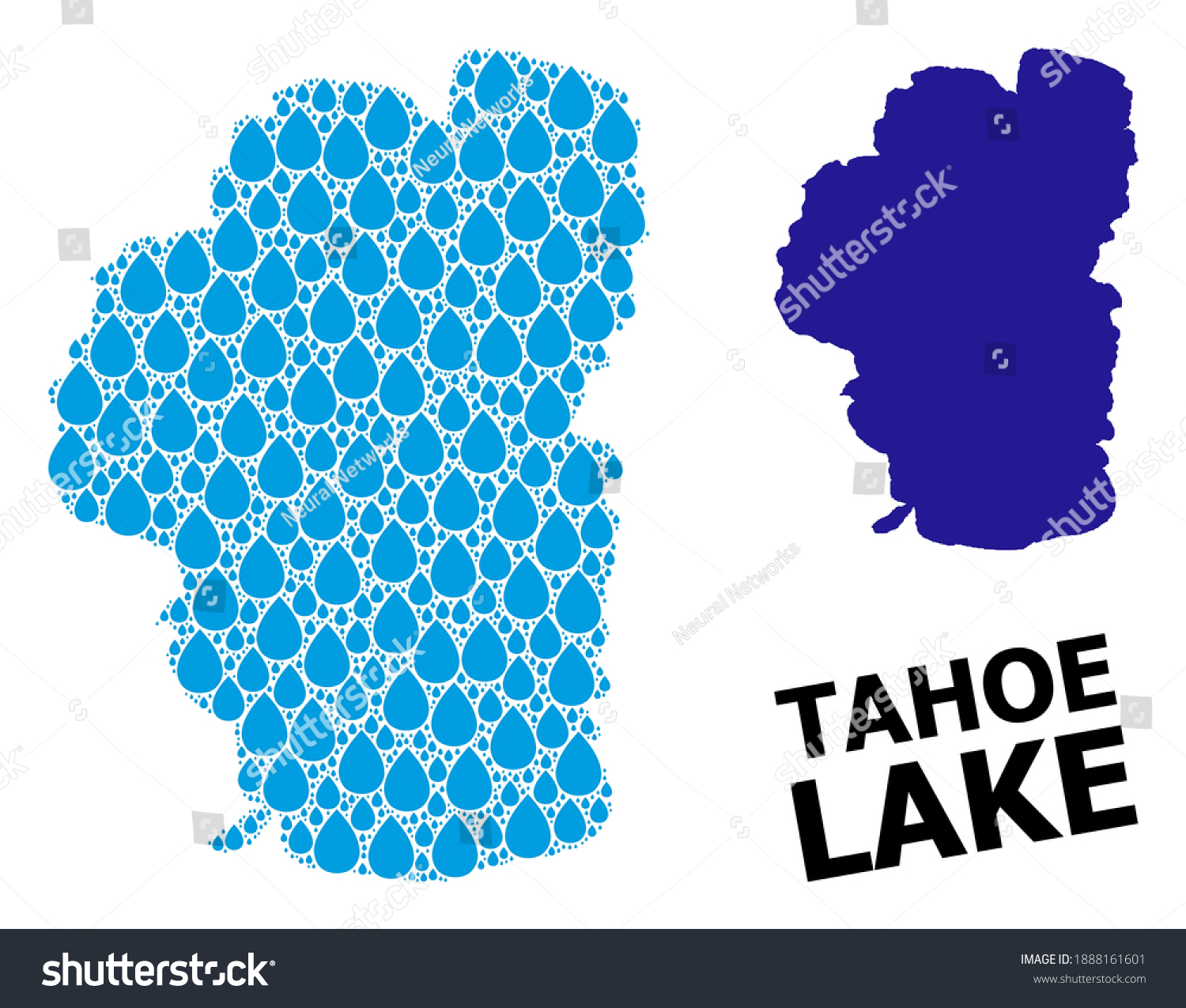 SVG of Vector mosaic and solid map of Tahoe Lake. Map of Tahoe Lake vector mosaic for drinking water ads. Map of Tahoe Lake is formed with blue clean water raindrops. Symbol of clean drinking water. svg