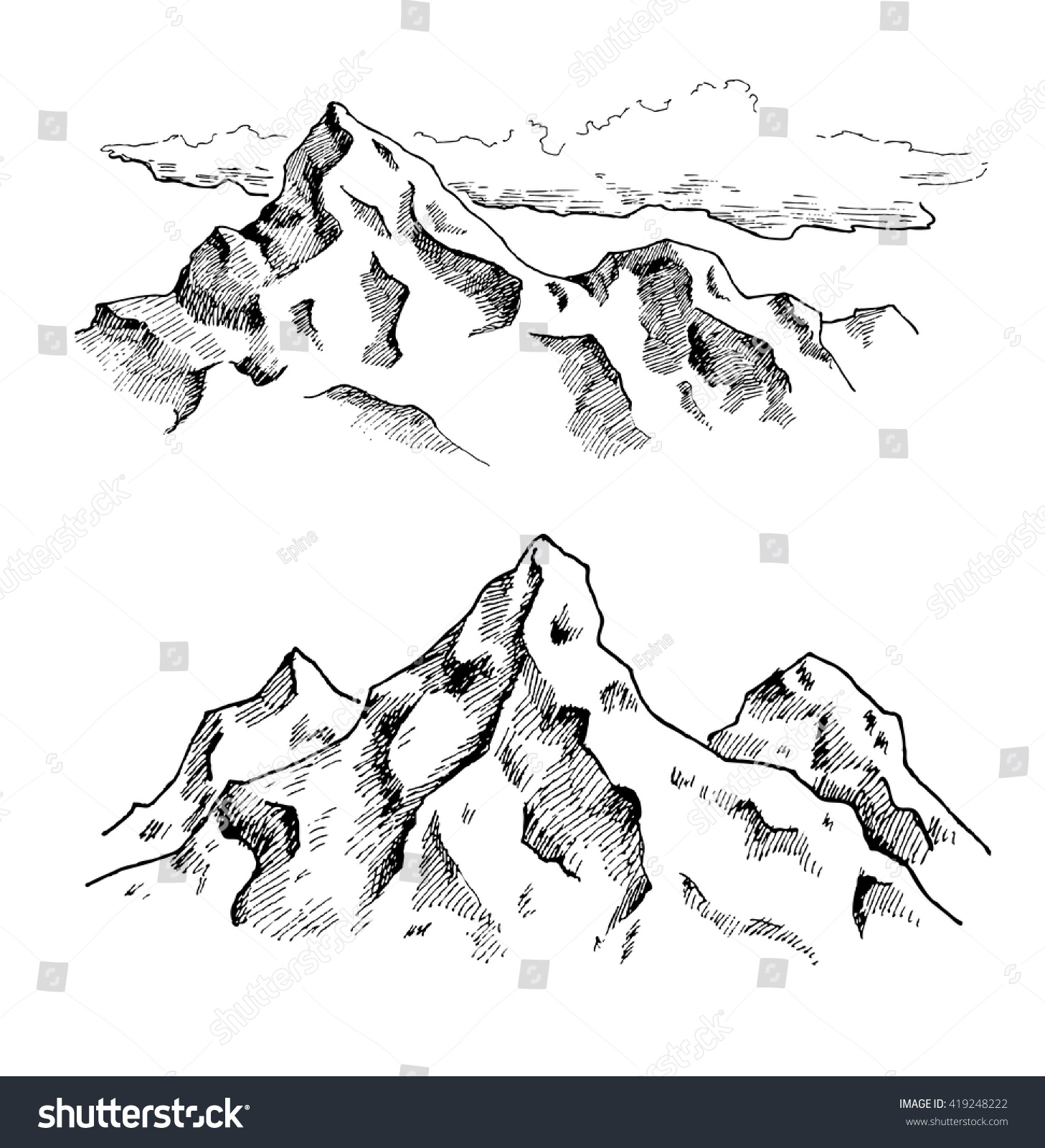 Vector Mountains Drawing Set Hand Drawn Stock Vector 419248222 ...