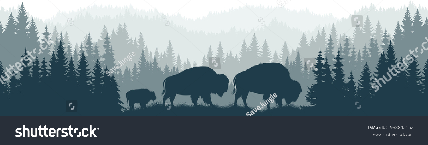 SVG of vector mountains forest woodland background texture seamless pattern with family of brown zubr buffalo bisons with kid svg