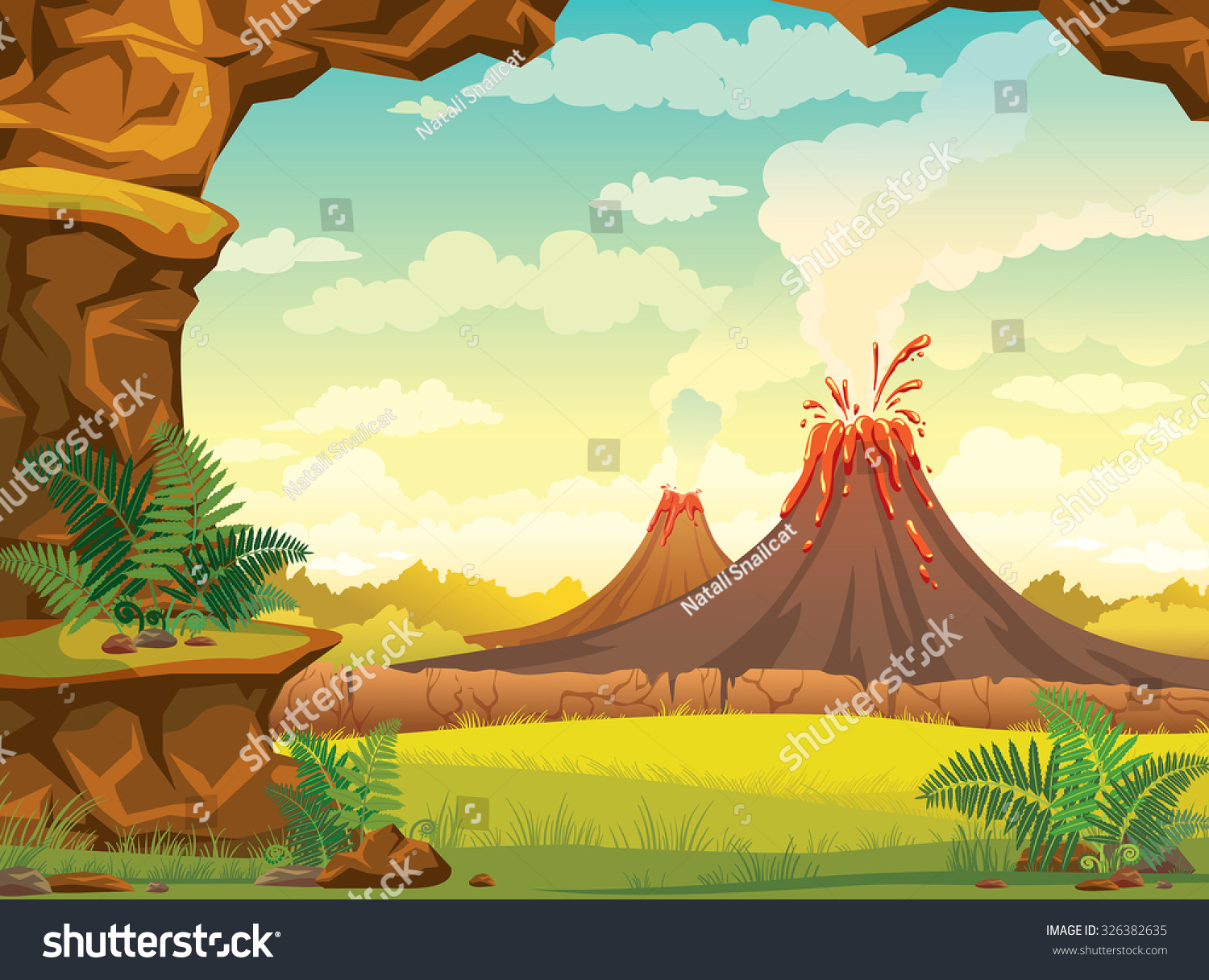 Vector Natural Illustration - Prehistoric Landscape With Cave, Smoky ...