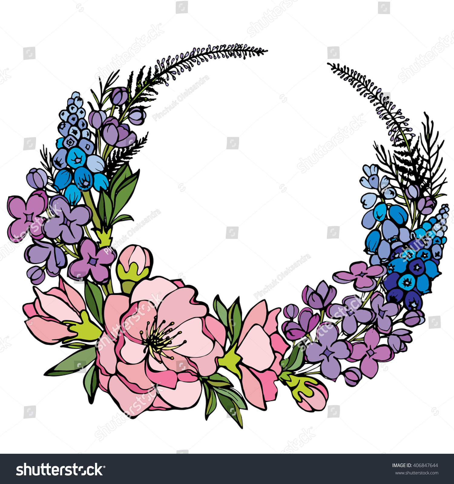 Vector natural round frame with roses lilac muscari and magnolia flowers Flower illustration