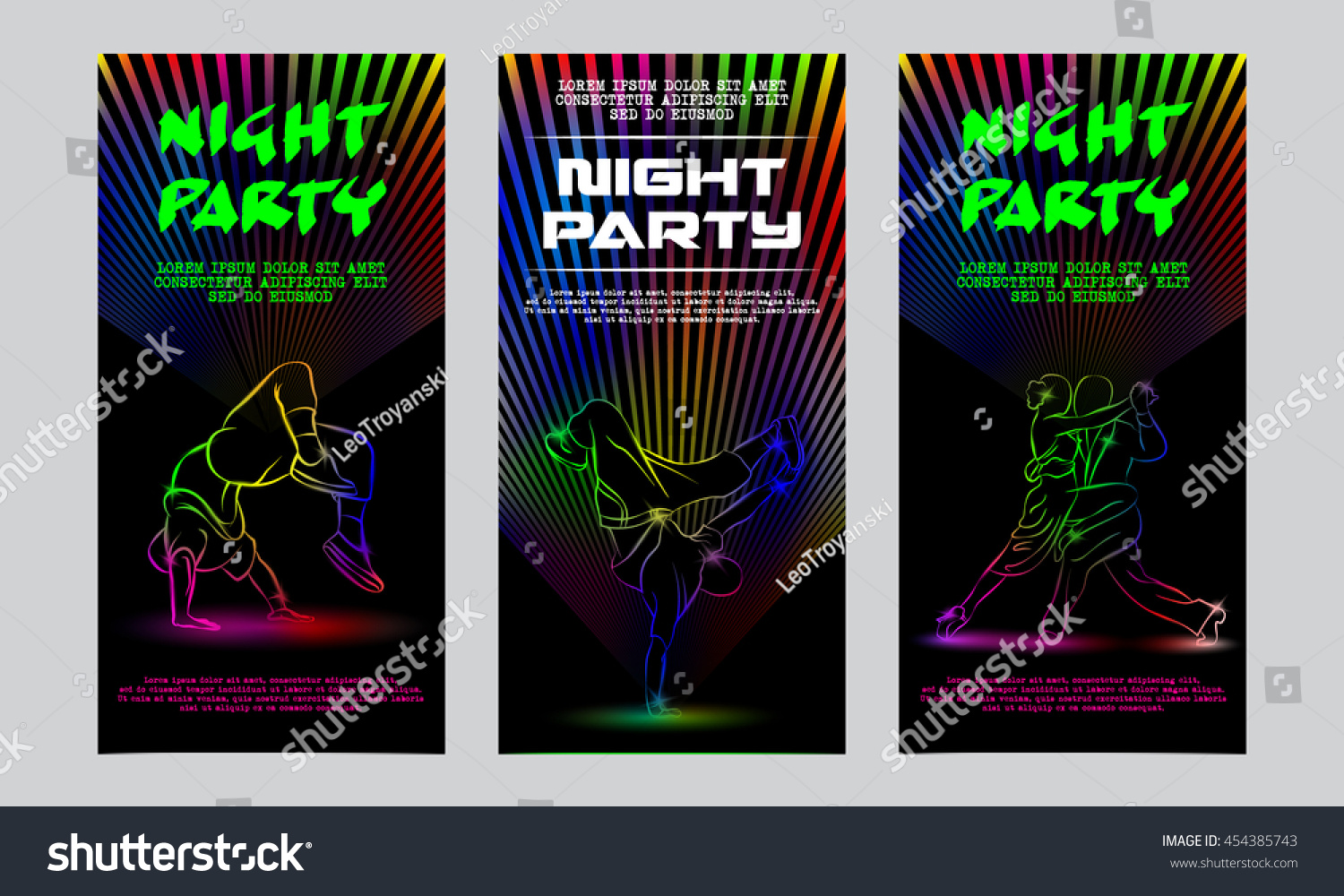 SVG of Vector neon set of flyers for the night party. Template invitation to a disco. Glowing silhouettes of people dancing. svg