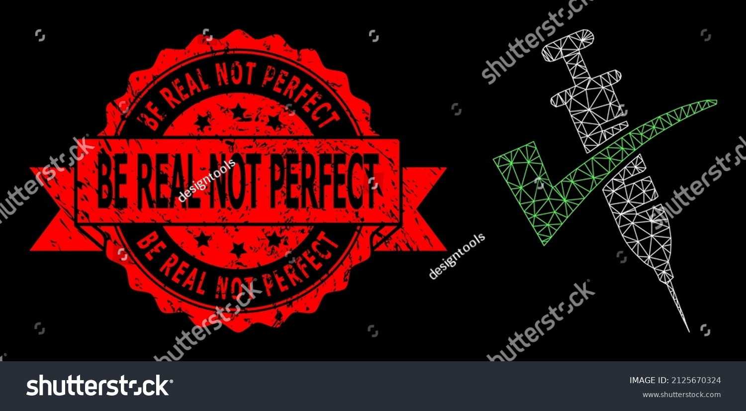 SVG of Vector net mesh vaccine confirmed picture with Be Real Not Perfect unclean seal on a black background. Red seal has Be Real Not Perfect title inside ribbon. svg