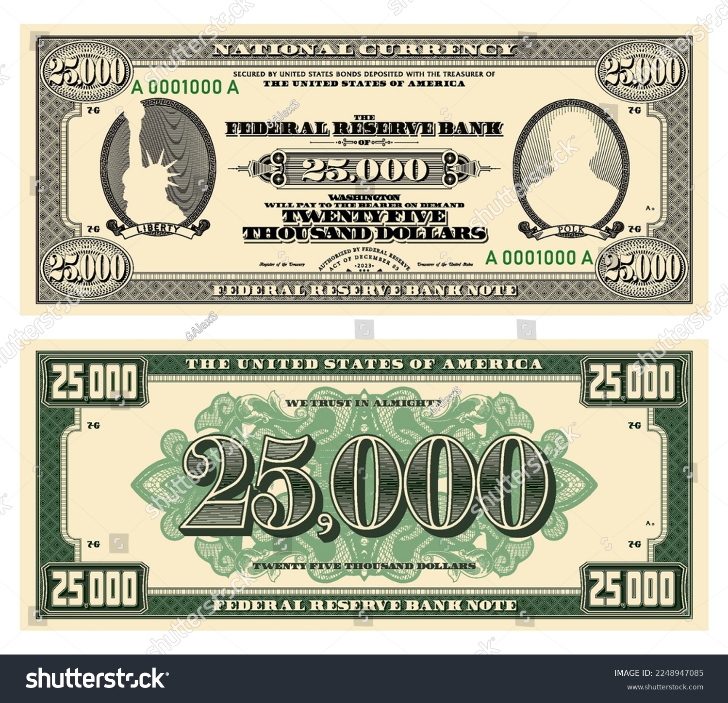SVG of Vector new 25000 dollars banknote. Obverse and reverse of US paper money in retro style with ovals. Ribbons with inscriptions, Liberty and Polk. svg