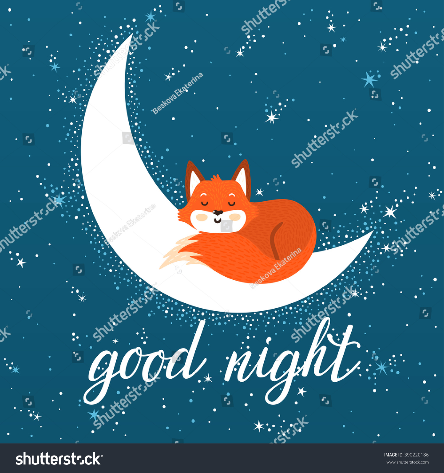 Vector Night Card Cute Fox Hand Stock Vector (Royalty Free) 390220186