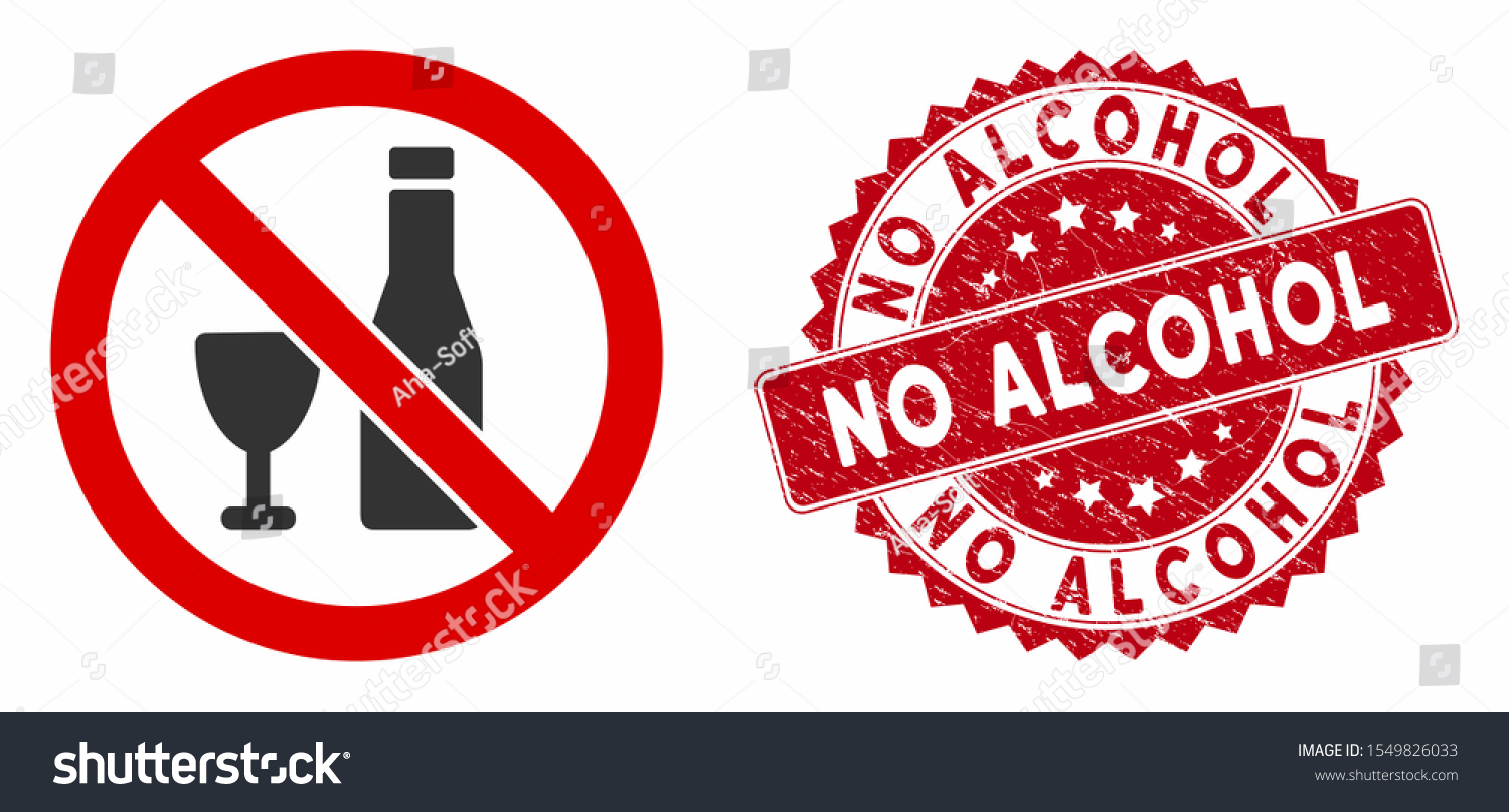 SVG of Vector no alcohol icon and rubber round stamp seal with No Alcohol phrase. Flat no alcohol icon is isolated on a white background. No Alcohol stamp seal uses red color and rubber design. svg