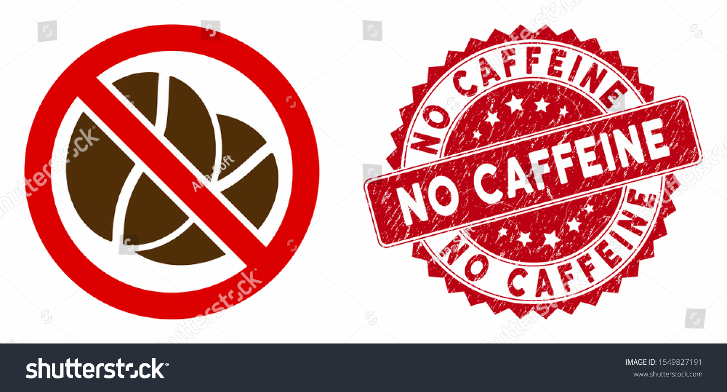 SVG of Vector no caffeine icon and rubber round stamp seal with No Caffeine phrase. Flat no caffeine icon is isolated on a white background. No Caffeine stamp seal uses red color and scratched design. svg