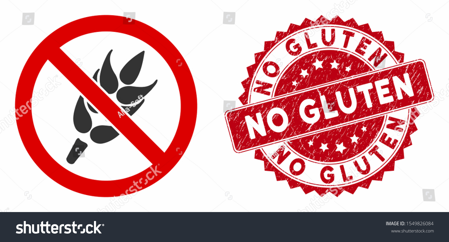 SVG of Vector no gluten icon and grunge round stamp seal with No Gluten caption. Flat no gluten icon is isolated on a white background. No Gluten stamp seal uses red color and rubber texture. svg
