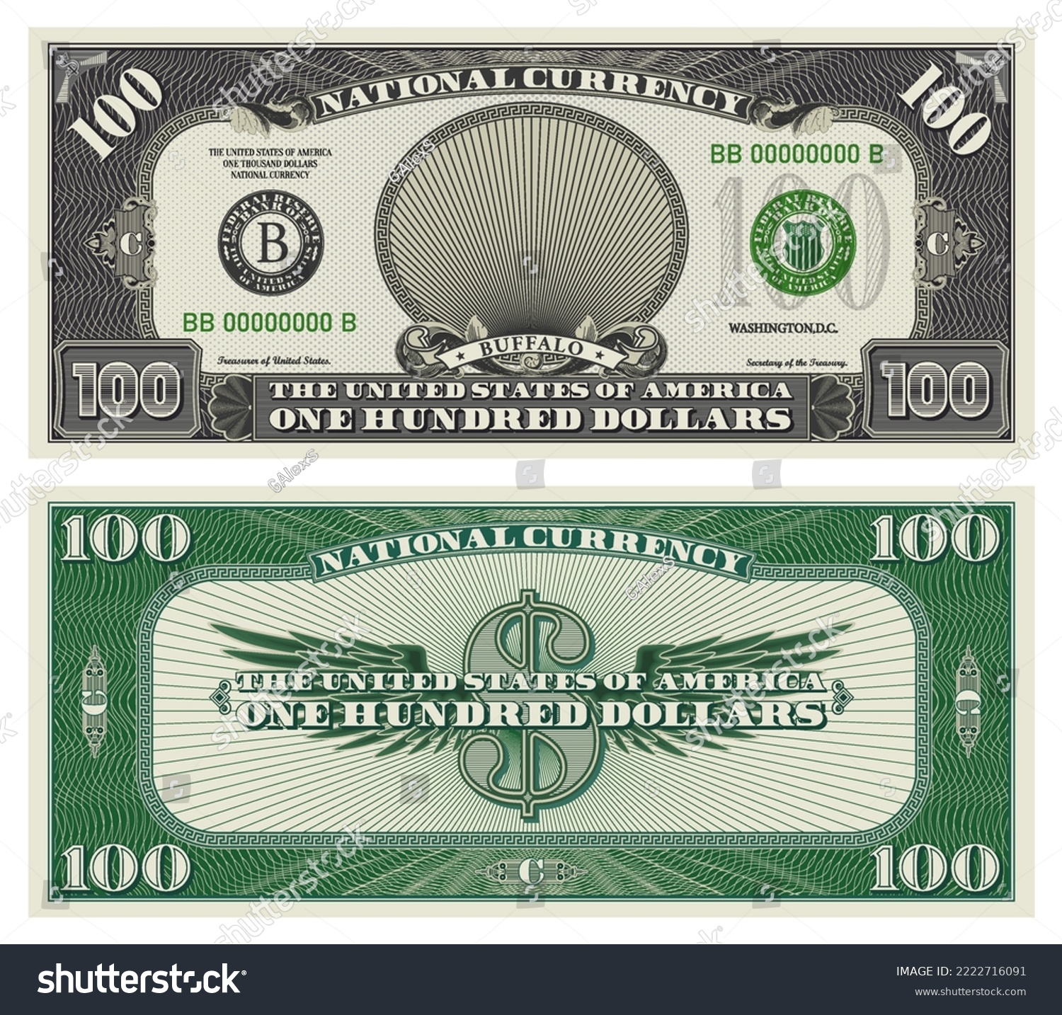 SVG of Vector obverse and reverse of a 100 dollars banknote with wings. Game US paper money with a wild two buffalo. Green and gray guilloche frame svg