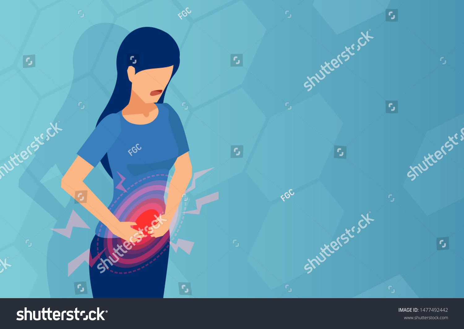 Vector Woman Stomach Pain On Blue Stock Vector Royalty Free 1477492442