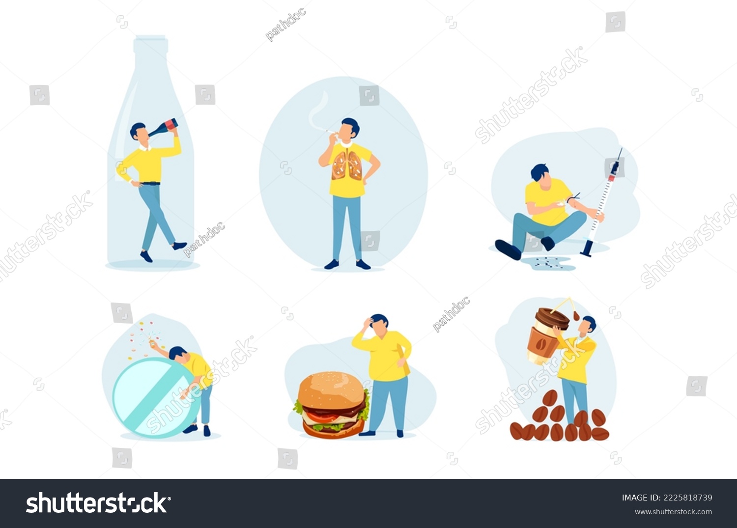 SVG of Vector of a young man with bad habits alcoholism, drug addiction, smoking, coffeemania, gluttony wand obesity  svg